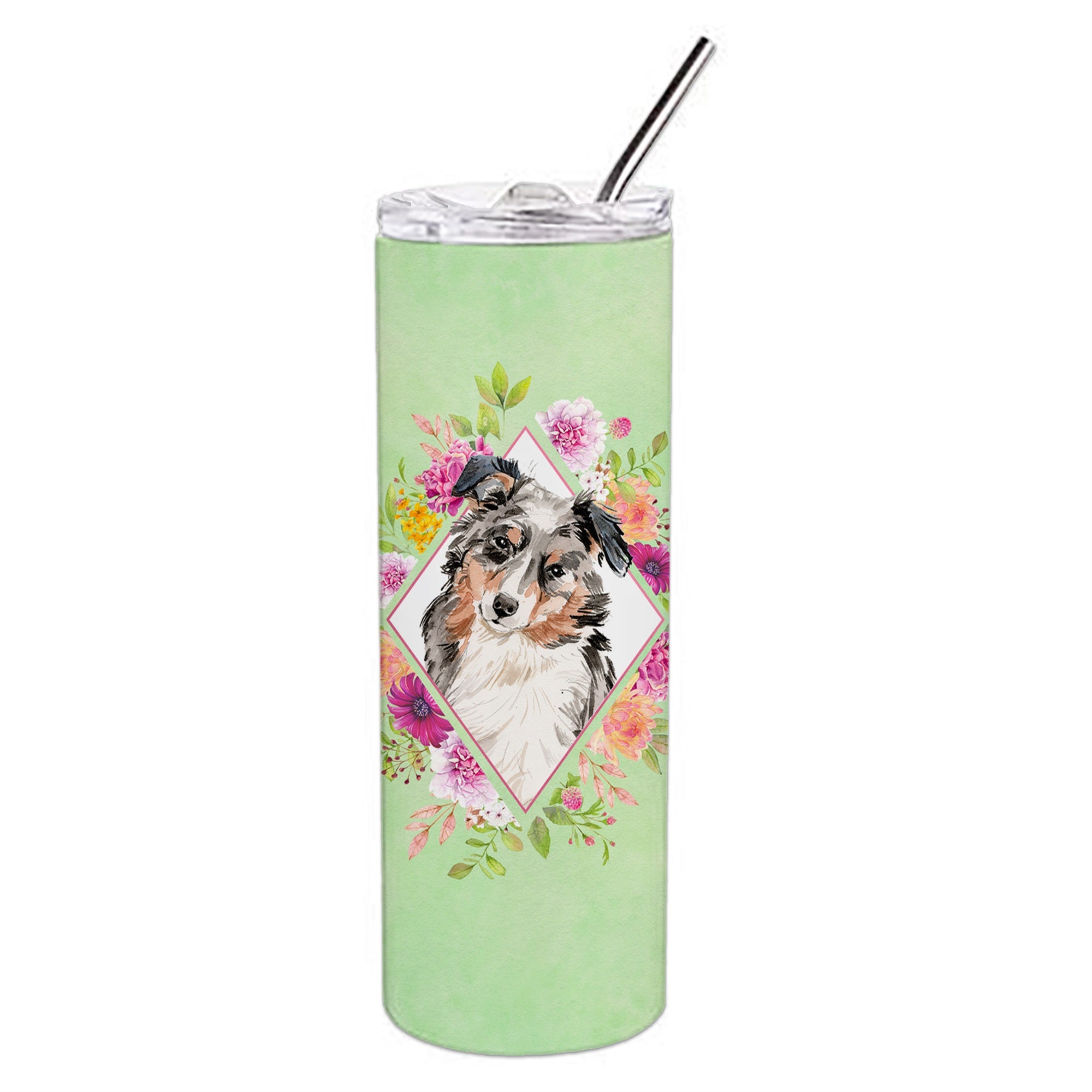 Australian Shepherd Green Flowers Double Walled Stainless Steel 20 Oz Skinny Tumbler