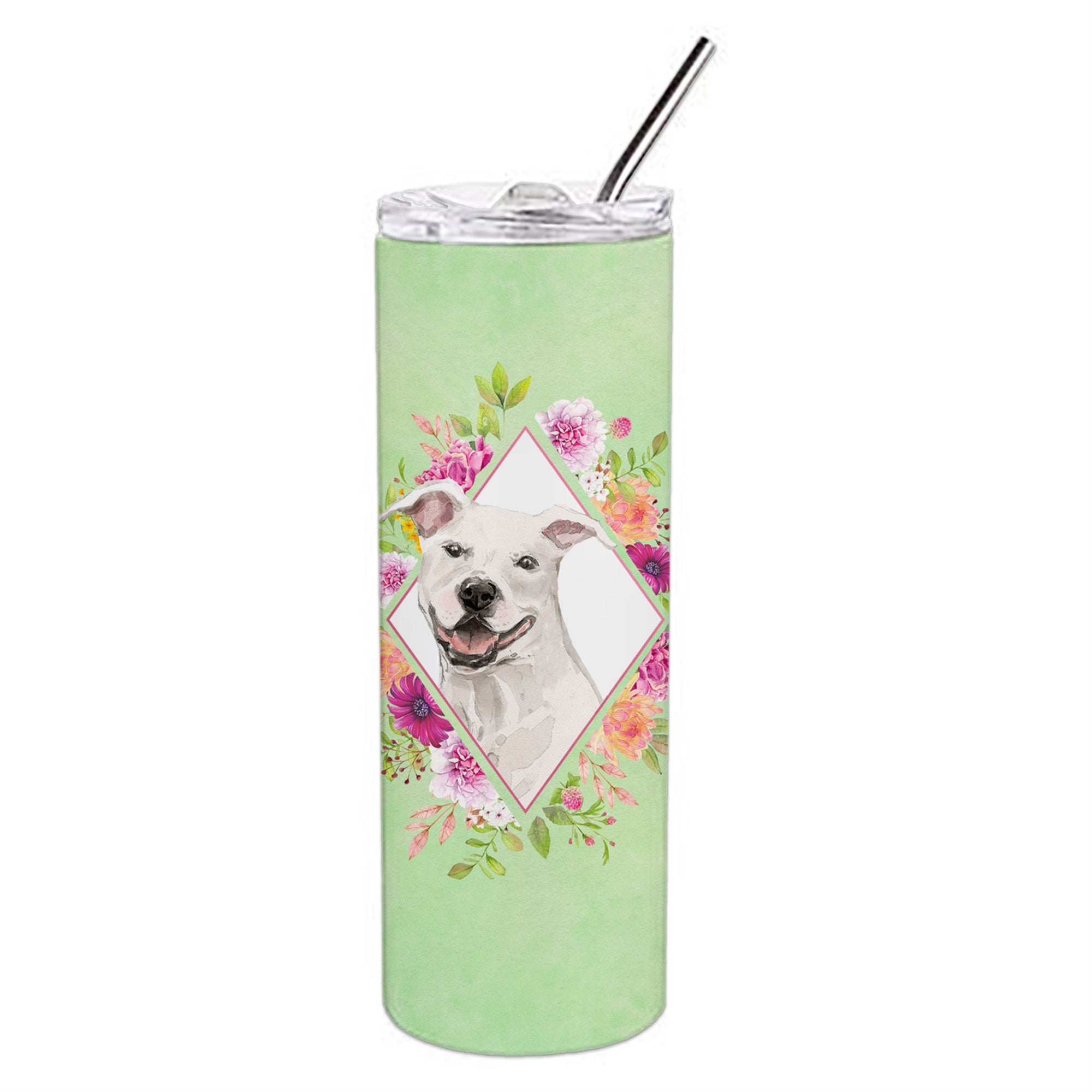 White Pit Bull Terrier Green Flowers Double Walled Stainless Steel 20 Oz Skinny Tumbler