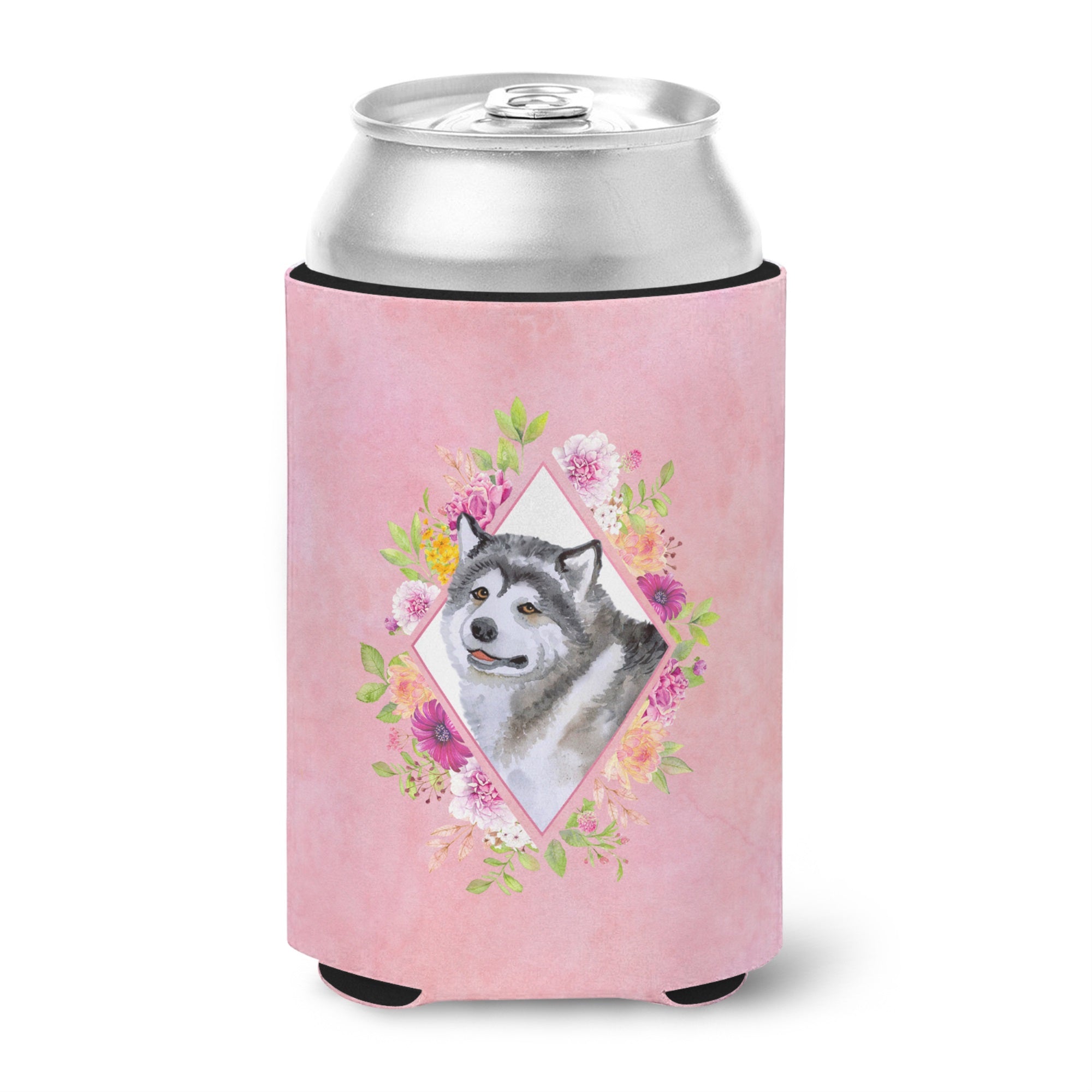 Alaskan Malamute Pink Flowers Can Or Bottle Hugger
