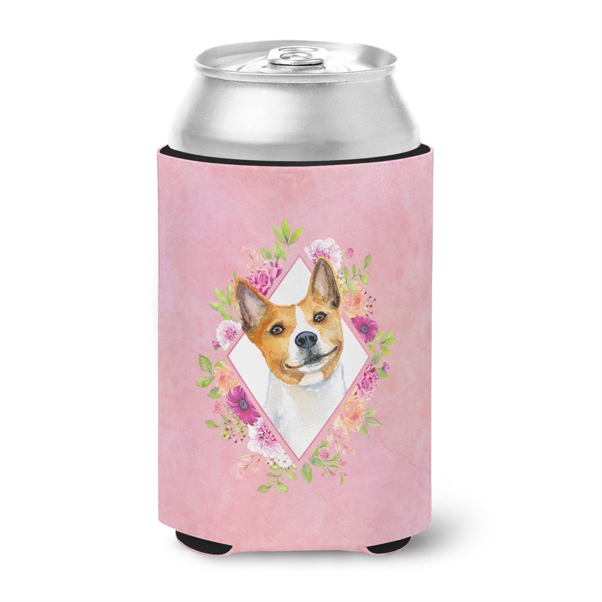 Basenji Pink Flowers Can Or Bottle Hugger