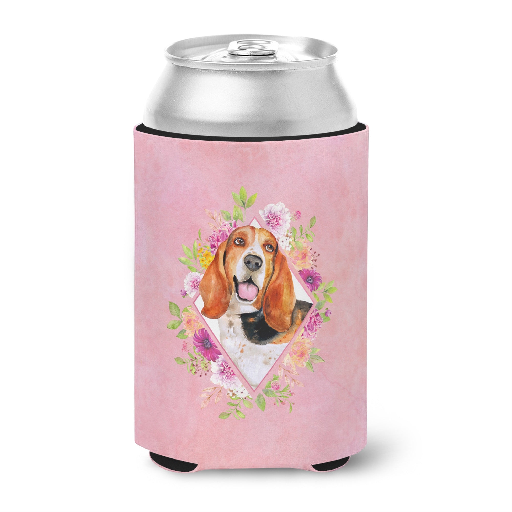 Basset Hound Pink Flowers Can Or Bottle Hugger