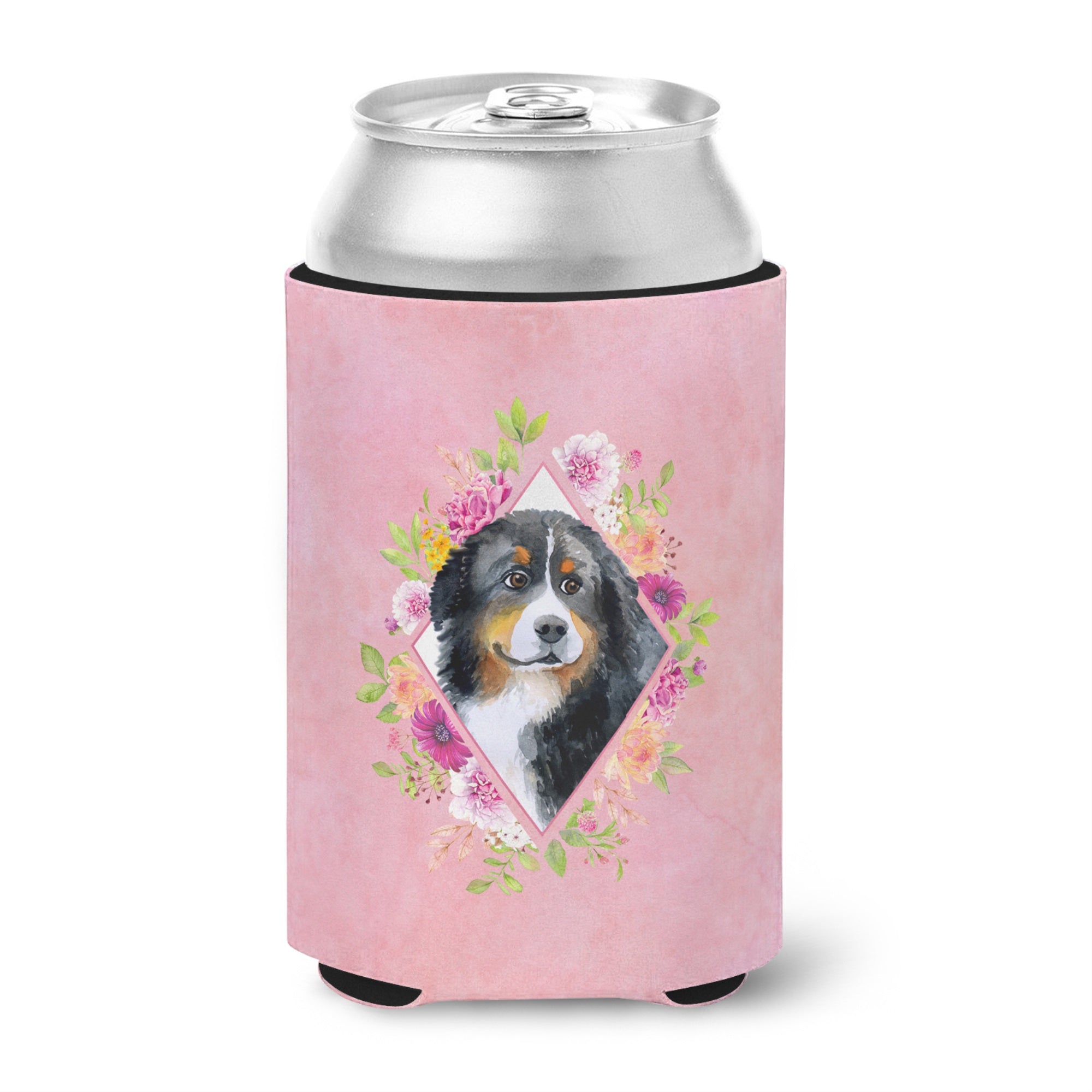 Bernese Mountain Dog Pink Flowers Can Or Bottle Hugger