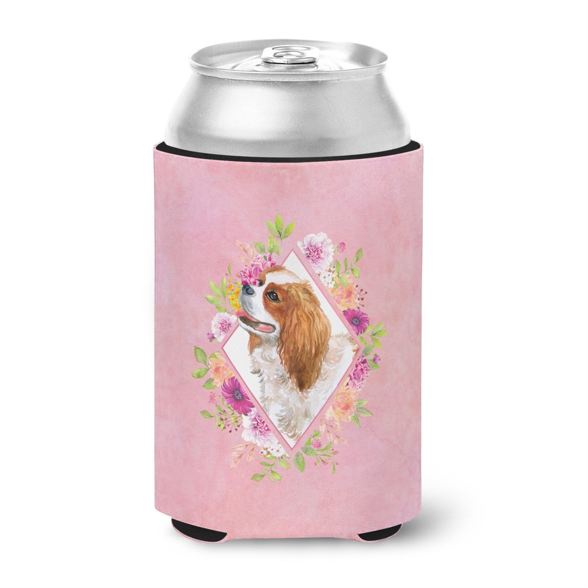 Cavalier King Charles Spaniel Pink Flowers Can Or Bottle Hugger