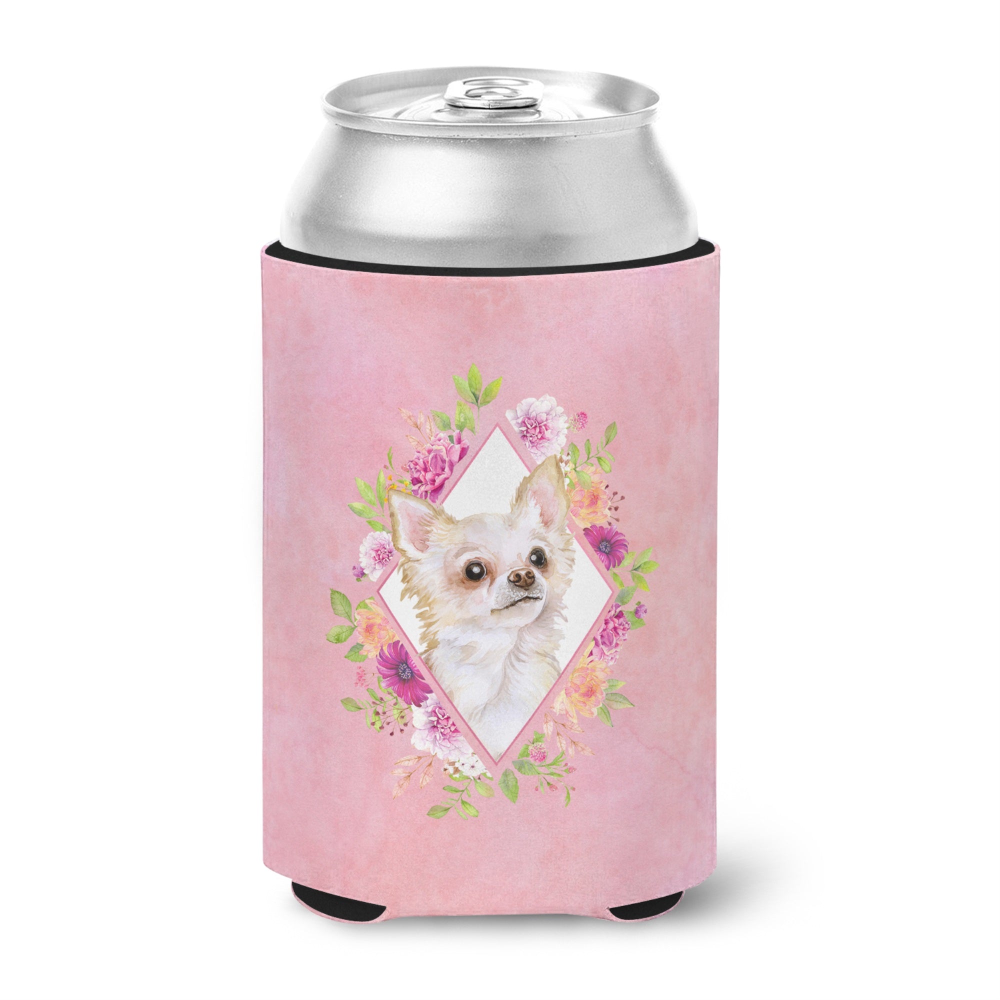 Long Hair Chihuahua Pink Flowers Can Or Bottle Hugger