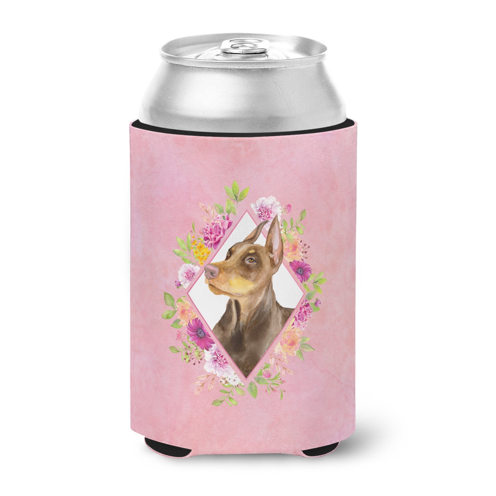 Doberman Pinscher Pink Flowers Can Or Bottle Hugger