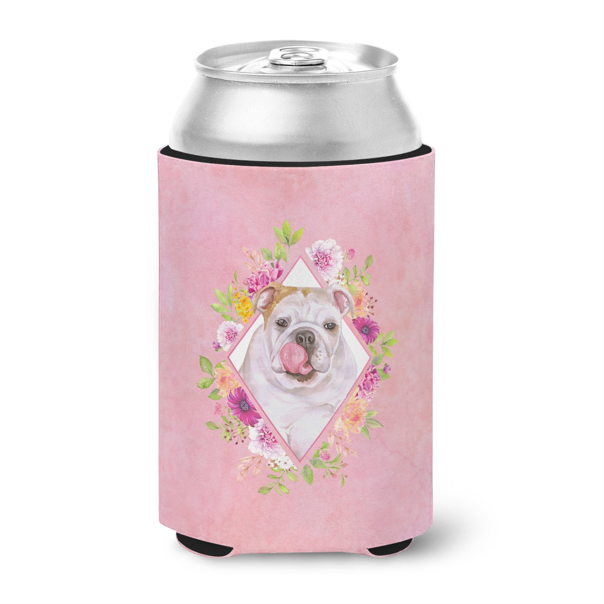 English Bulldog Pink Flowers Can Or Bottle Hugger