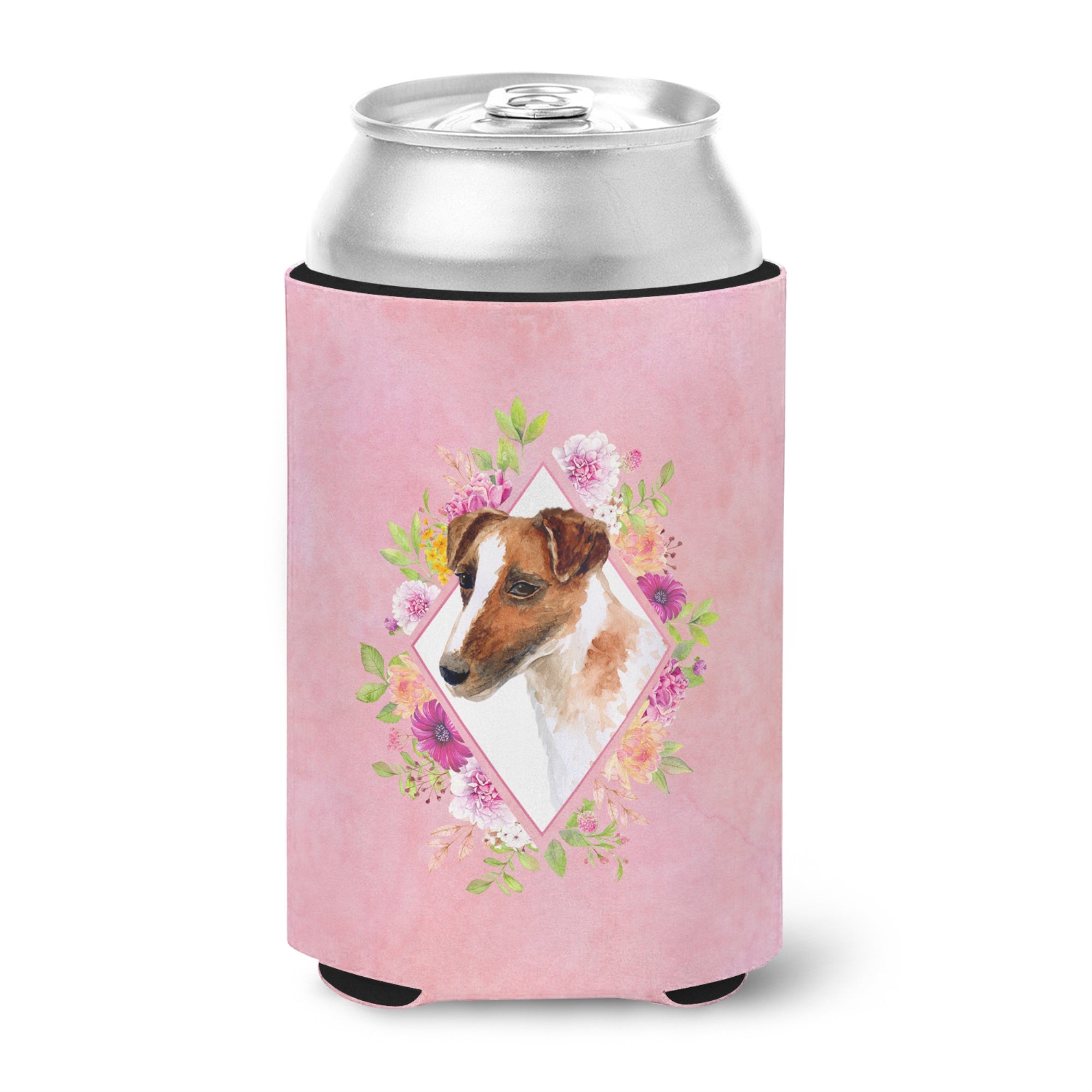 Jack Russell Terrier Pink Flowers Can Or Bottle Hugger