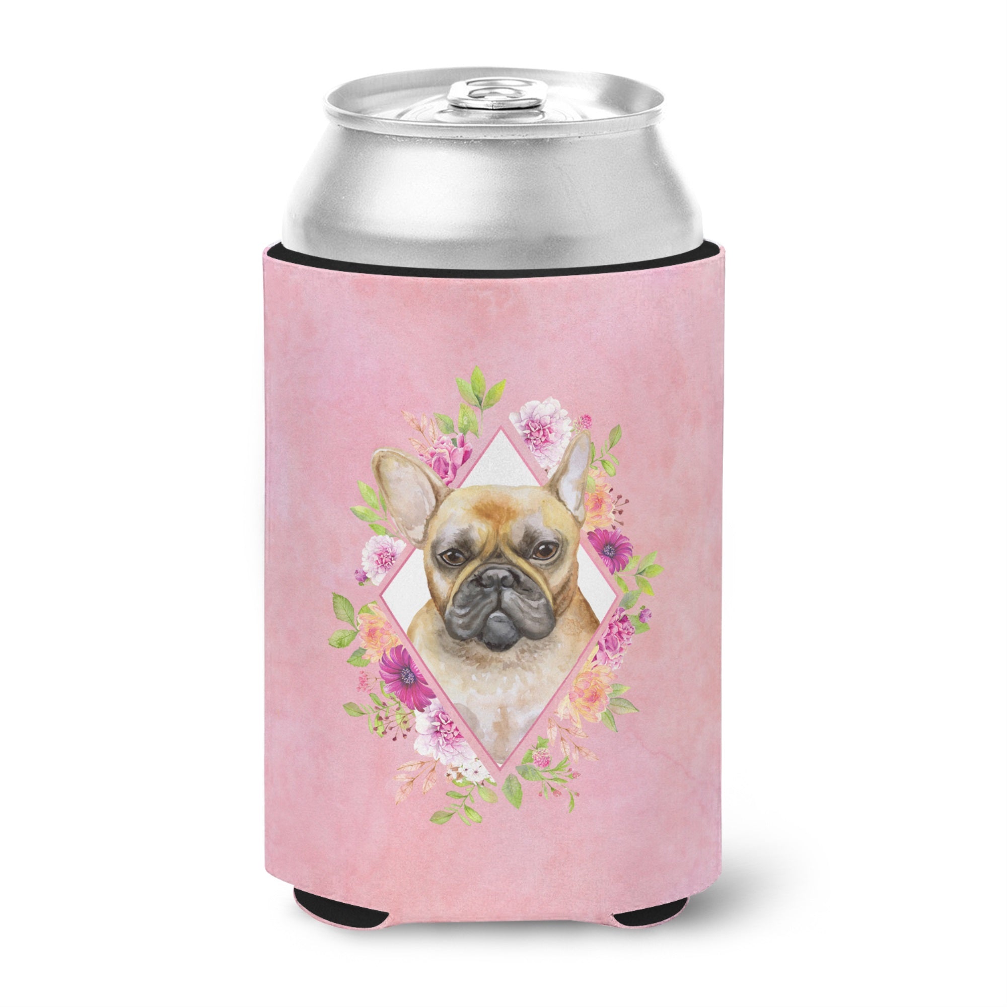 Fawn French Bulldog Pink Flowers Can Or Bottle Hugger