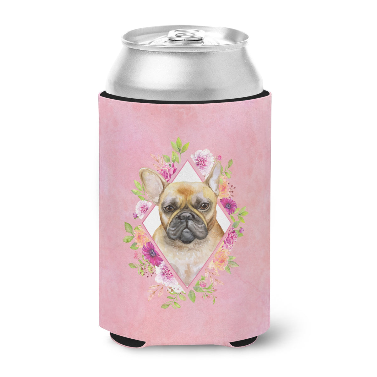 Fawn French Bulldog Pink Flowers Can Or Bottle Hugger