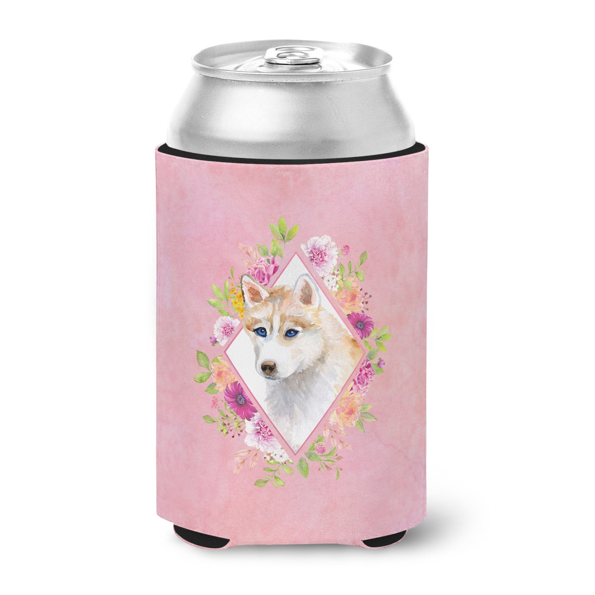 Red Siberian Husky Pink Flowers Can Or Bottle Hugger
