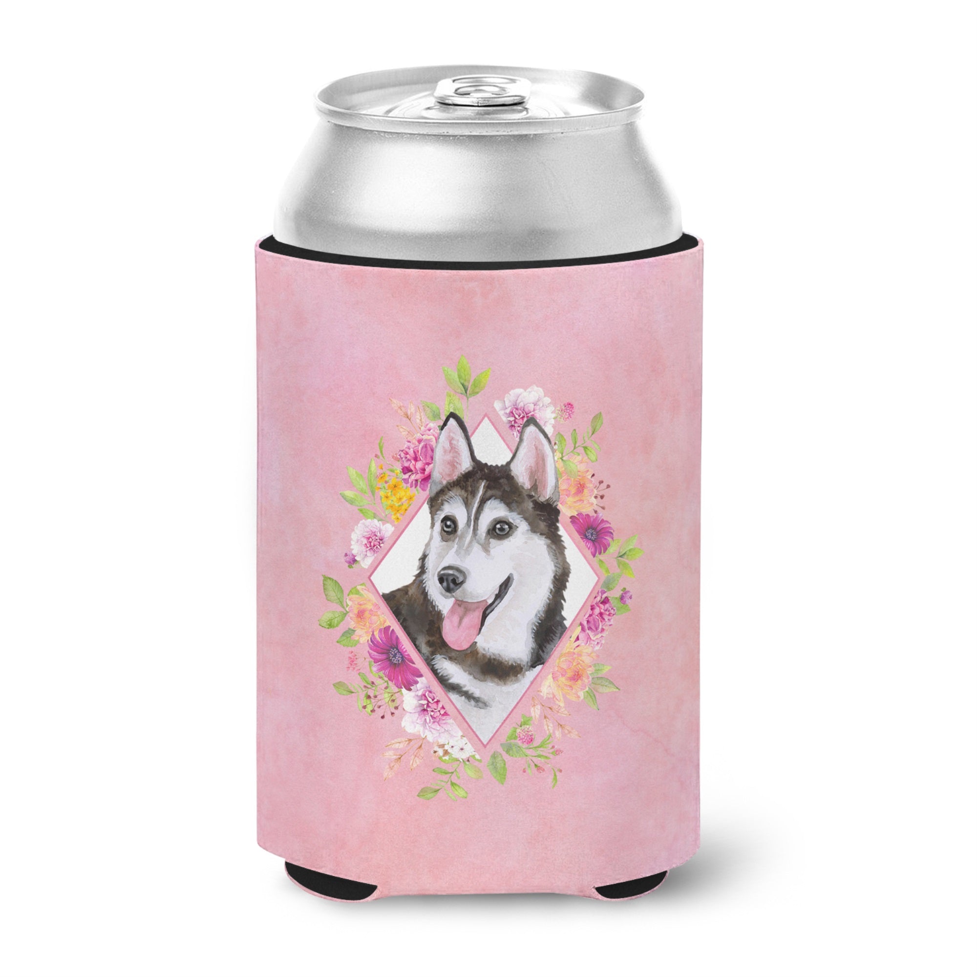 Siberian Husky #1 Pink Flowers Can Or Bottle Hugger