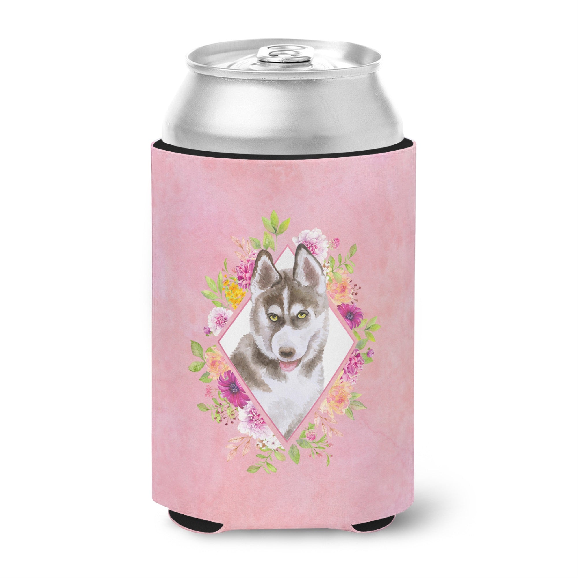 Siberian Husky #2 Pink Flowers Can Or Bottle Hugger