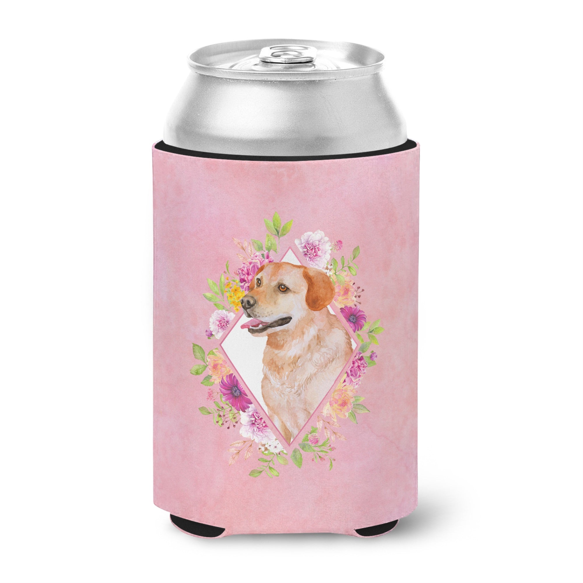 Yellow Labrador Retriever Pink Flowers Can Or Bottle Hugger