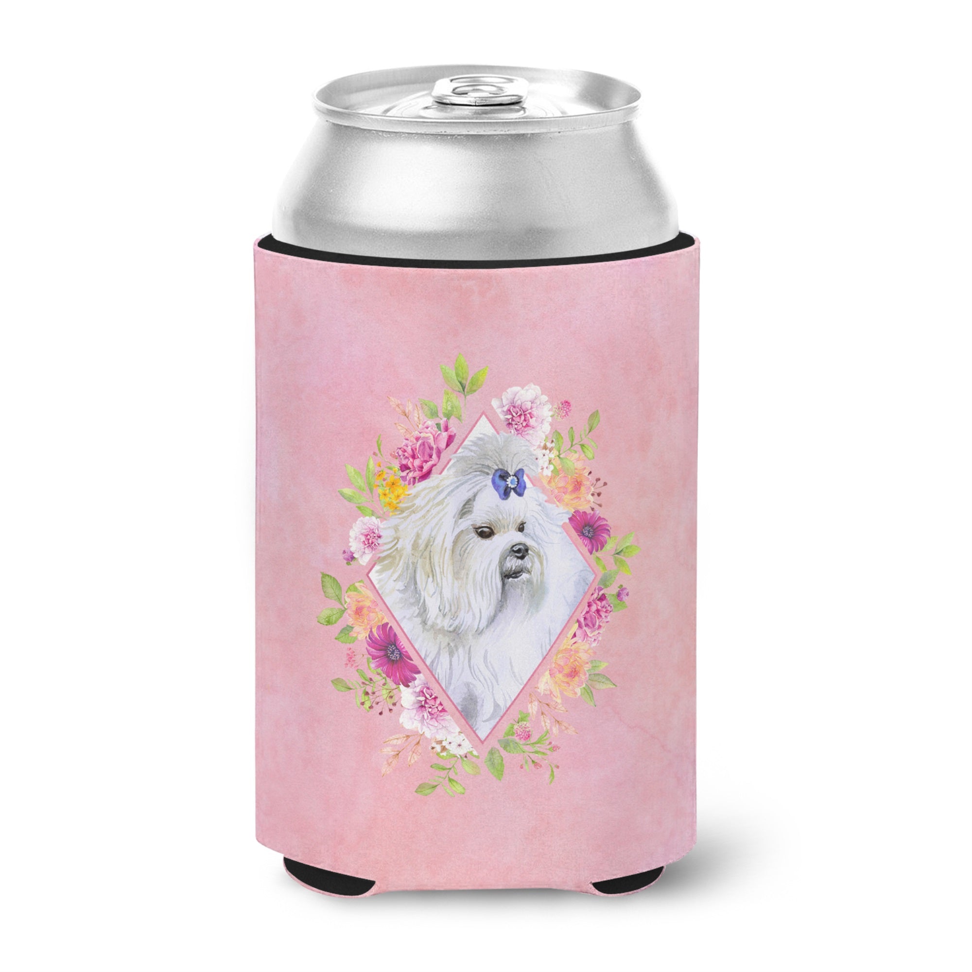 Maltese Pink Flowers Can Or Bottle Hugger