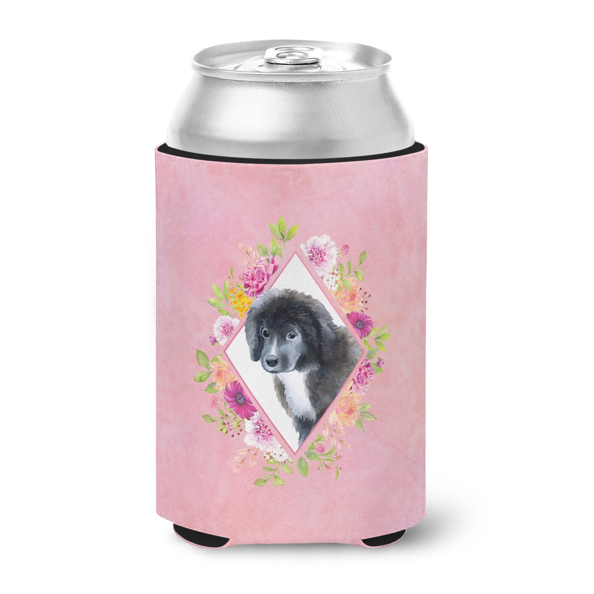 Newfoundland Puppy Pink Flowers Can Or Bottle Hugger