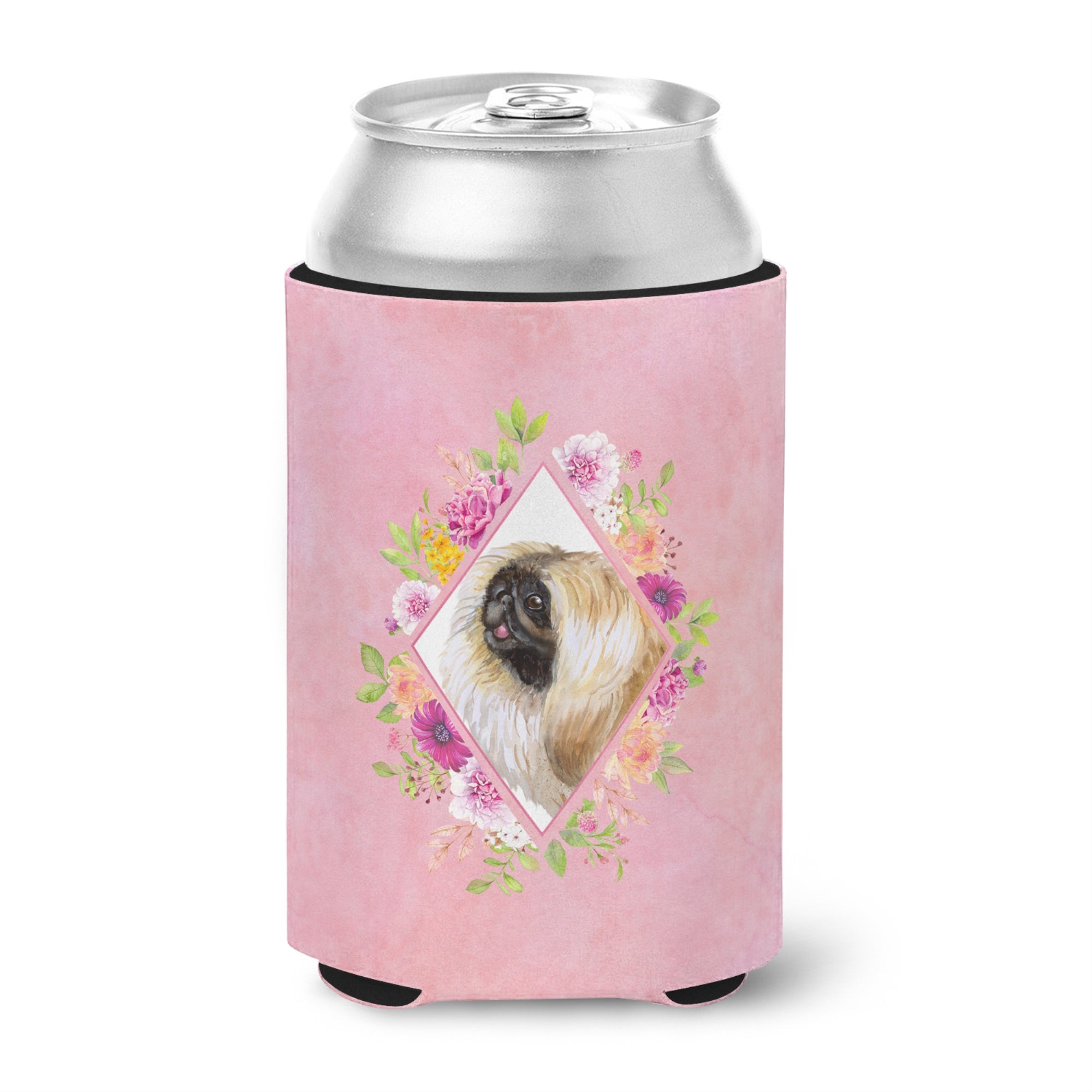 Pekingese Pink Flowers Can Or Bottle Hugger