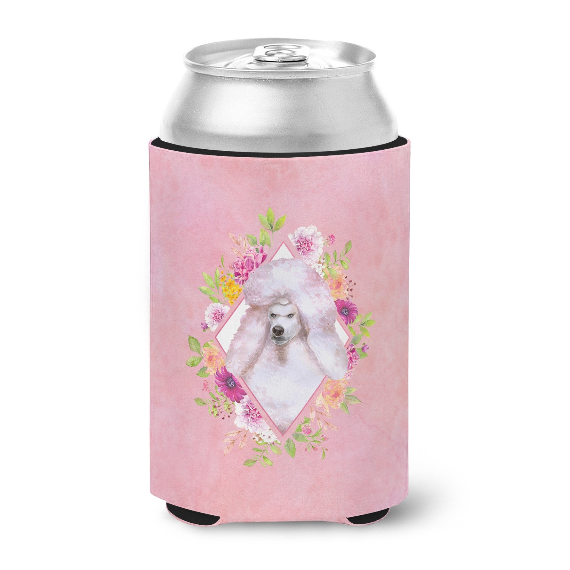 Standard White Poodle Pink Flowers Can Or Bottle Hugger