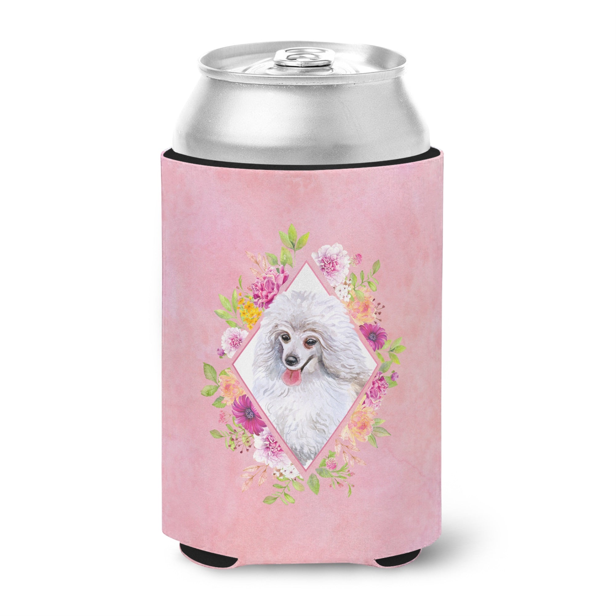 White Mini Poodle Pink Flowers Can Or Bottle Hugger