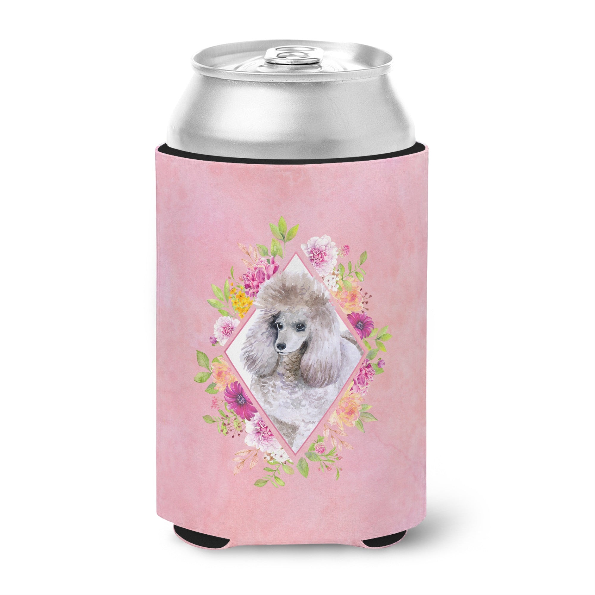 Standard Grey Poodle Pink Flowers Can Or Bottle Hugger