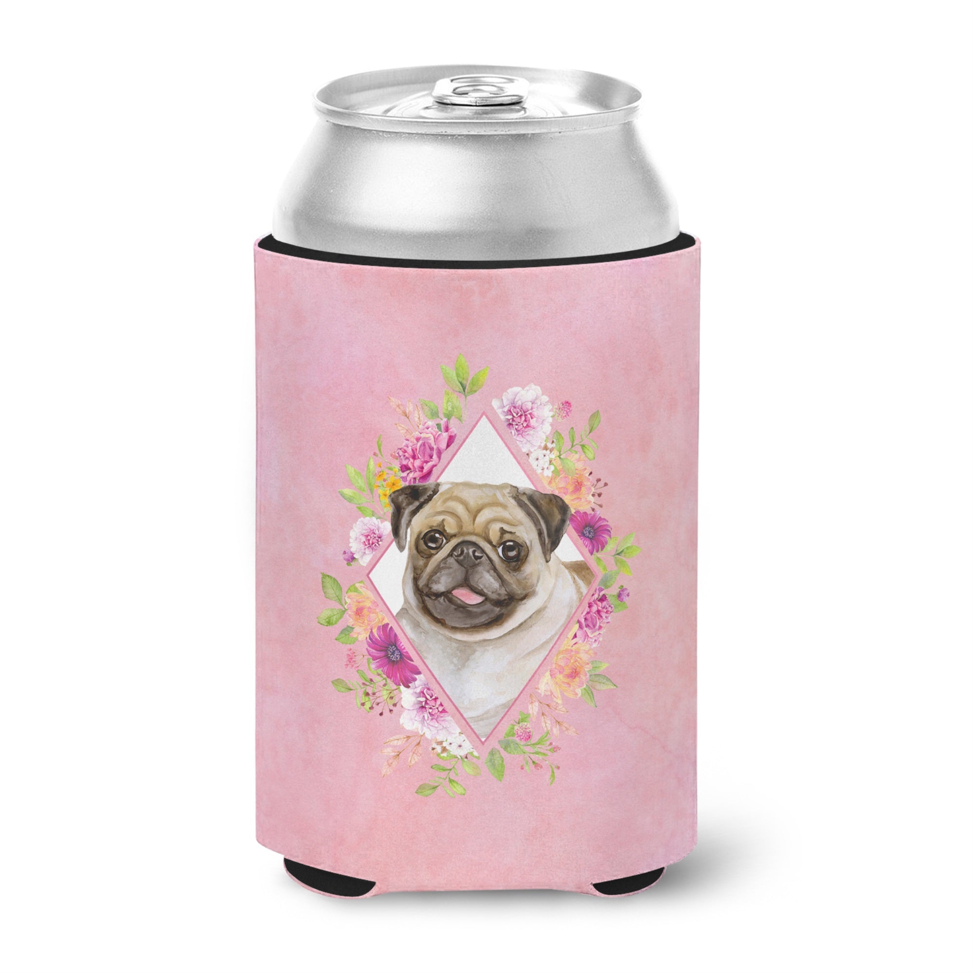 Fawn Pug Pink Flowers Can Or Bottle Hugger