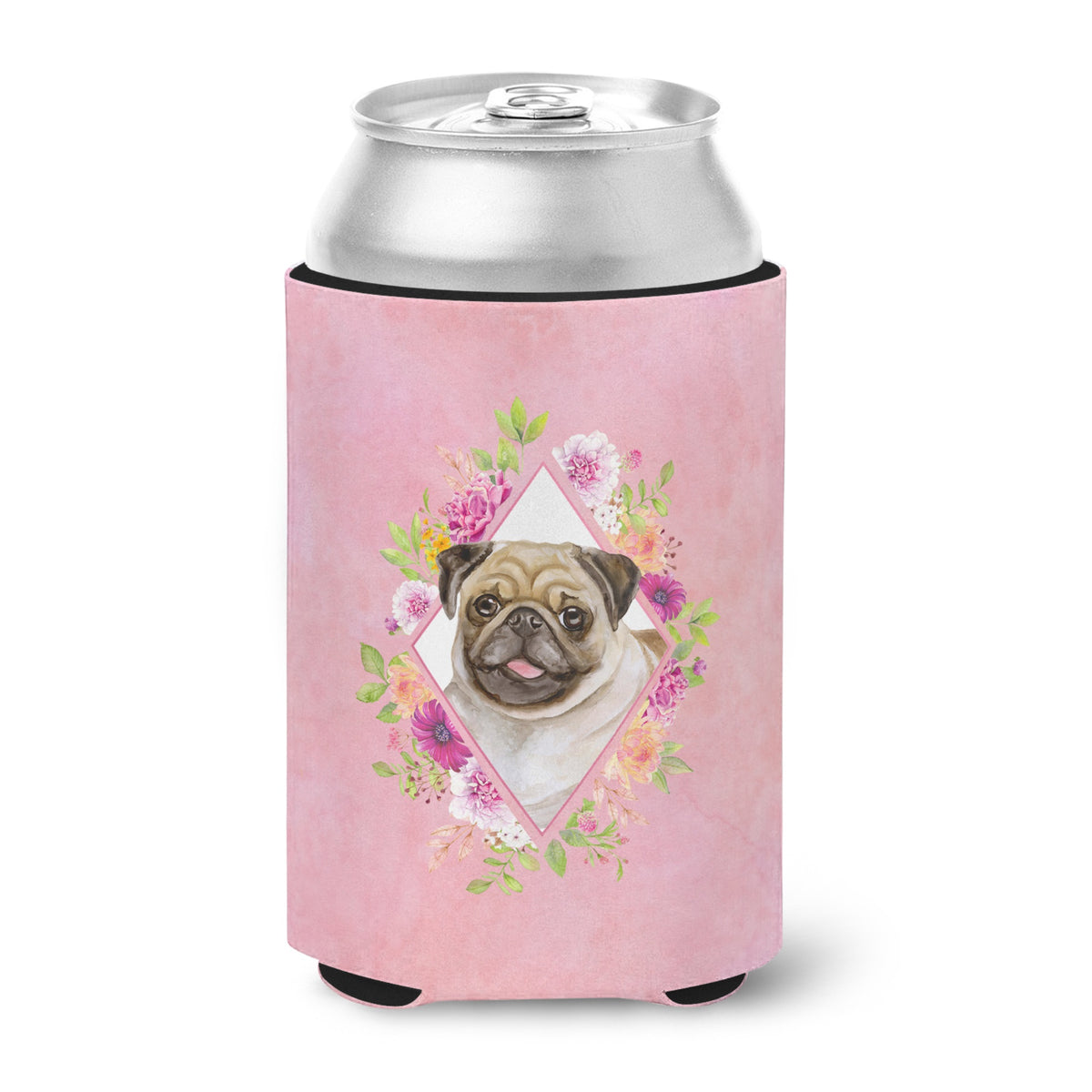 Fawn Pug Pink Flowers Can Or Bottle Hugger