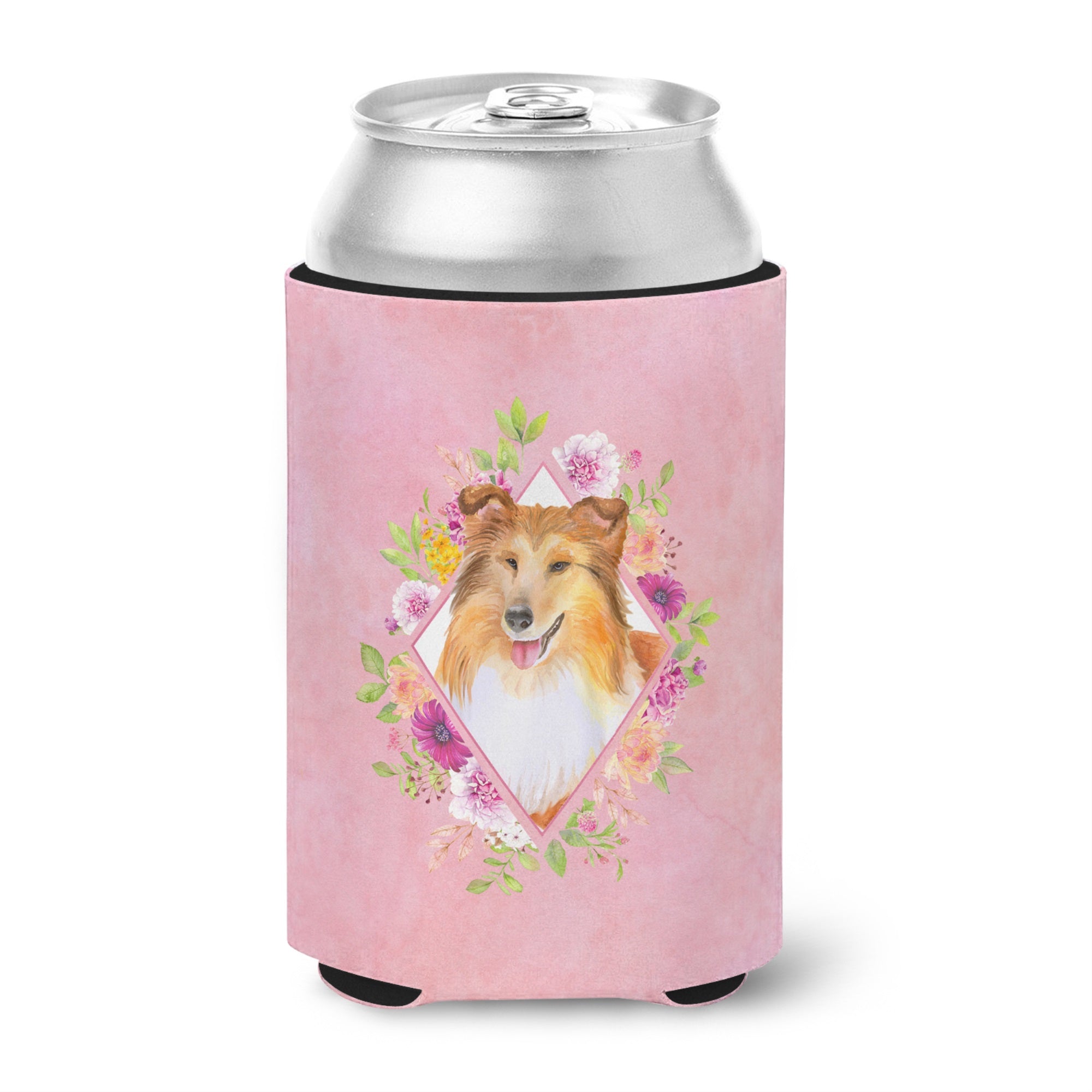 Sheltie Shetland Sheepdog Pink Flowers Can Or Bottle Hugger