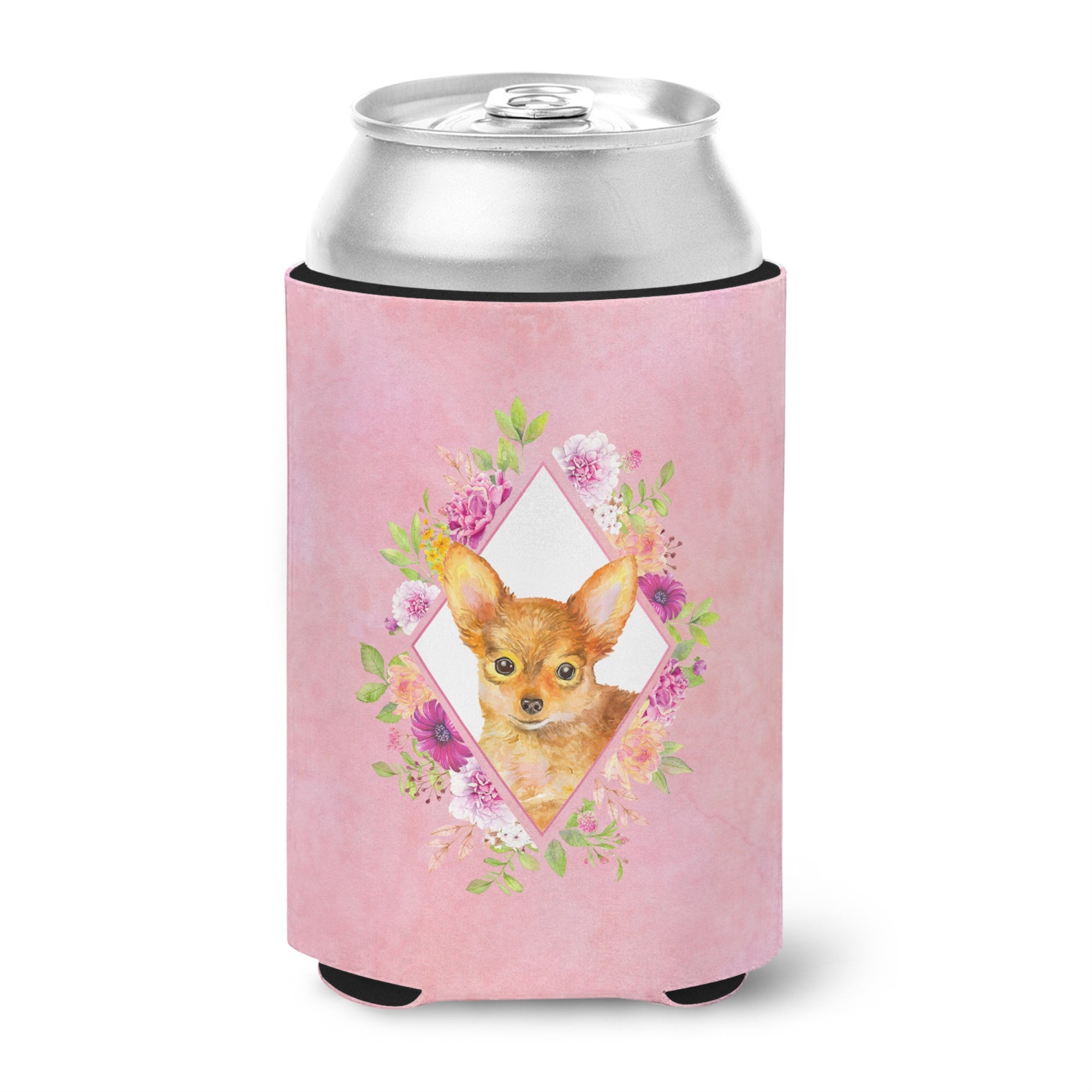 Toy Terrier Pink Flowers Can Or Bottle Hugger
