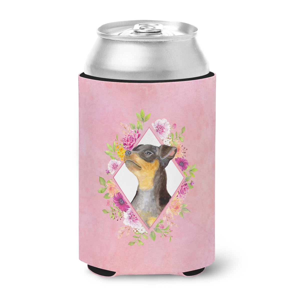 Black Miniature Pinscher Pink Flowers Can Or Bottle Hugger