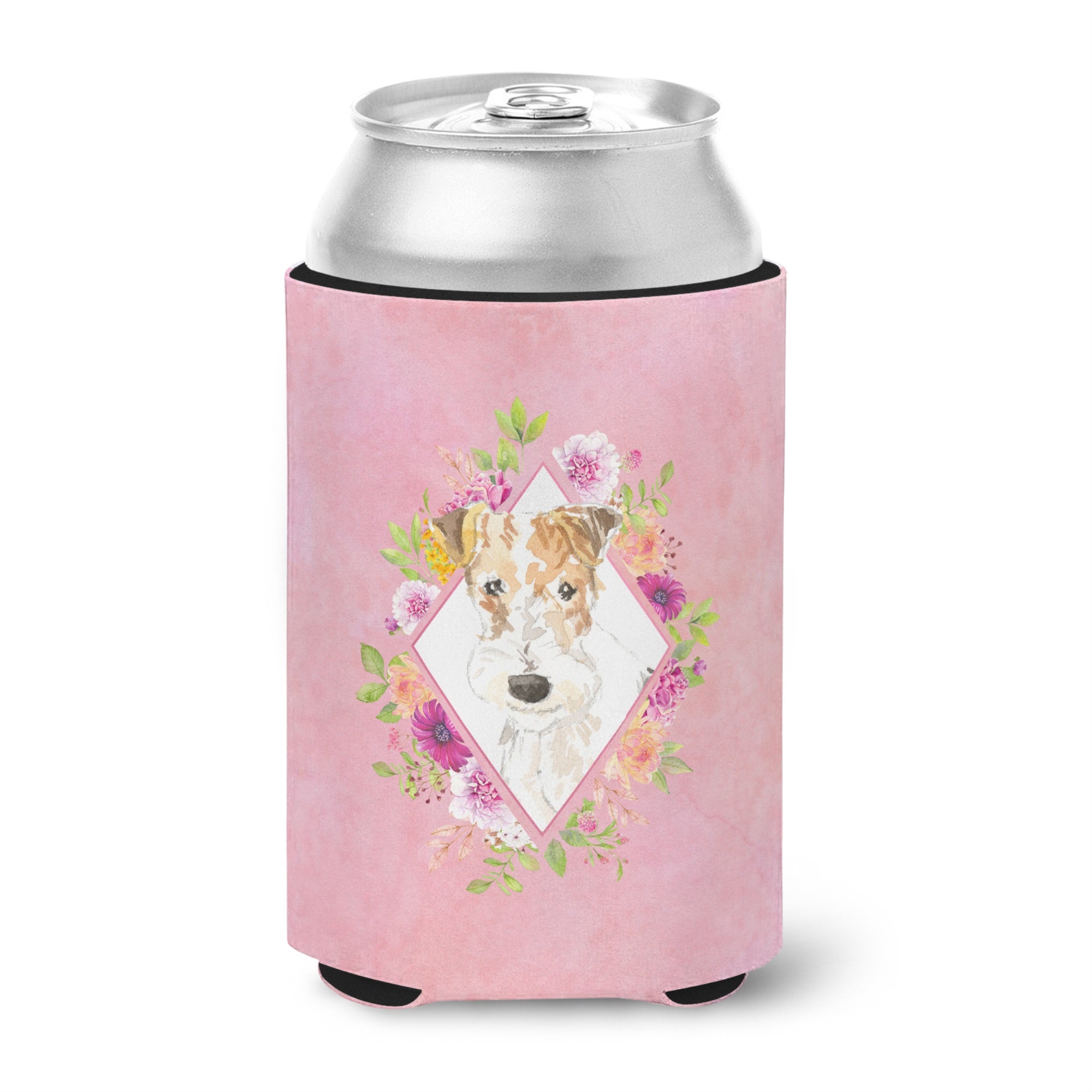 Fox Terrier Pink Flowers Can Or Bottle Hugger