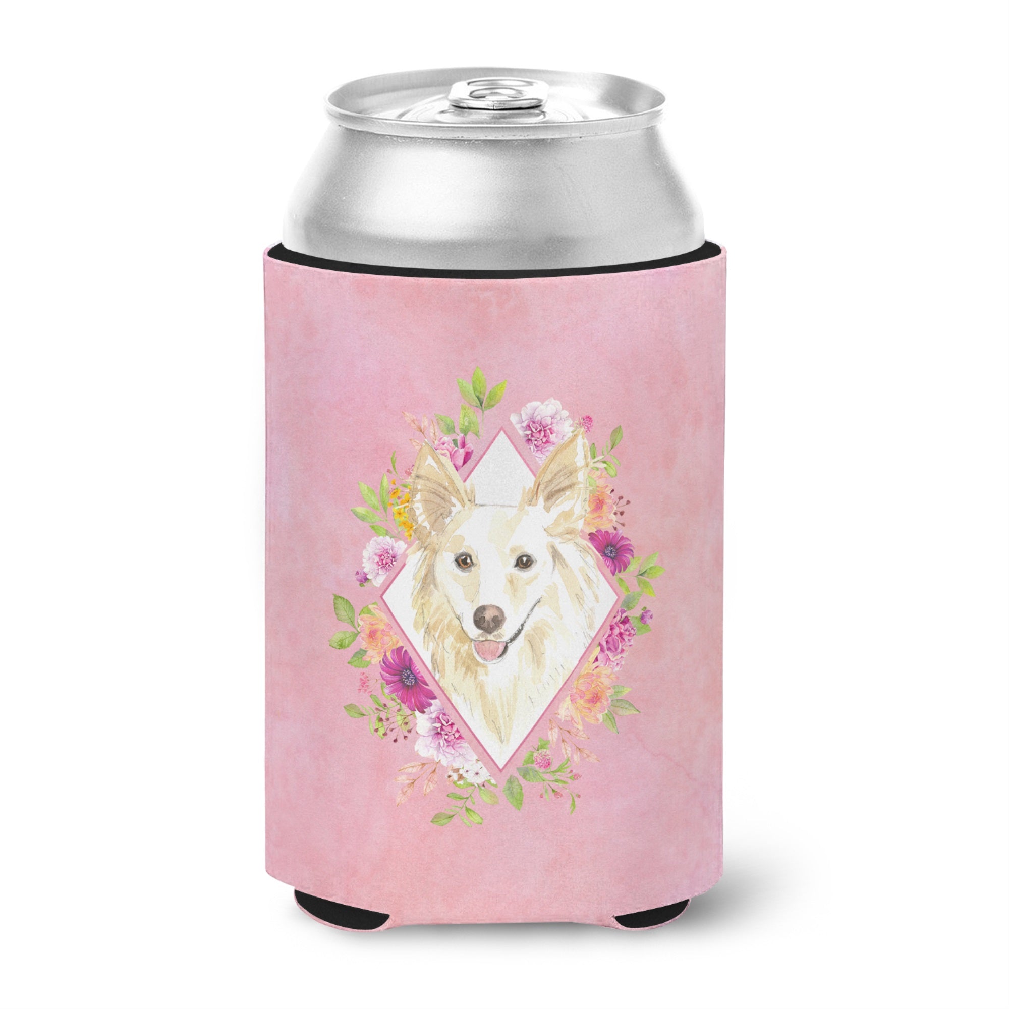 White Collie Pink Flowers Can Or Bottle Hugger