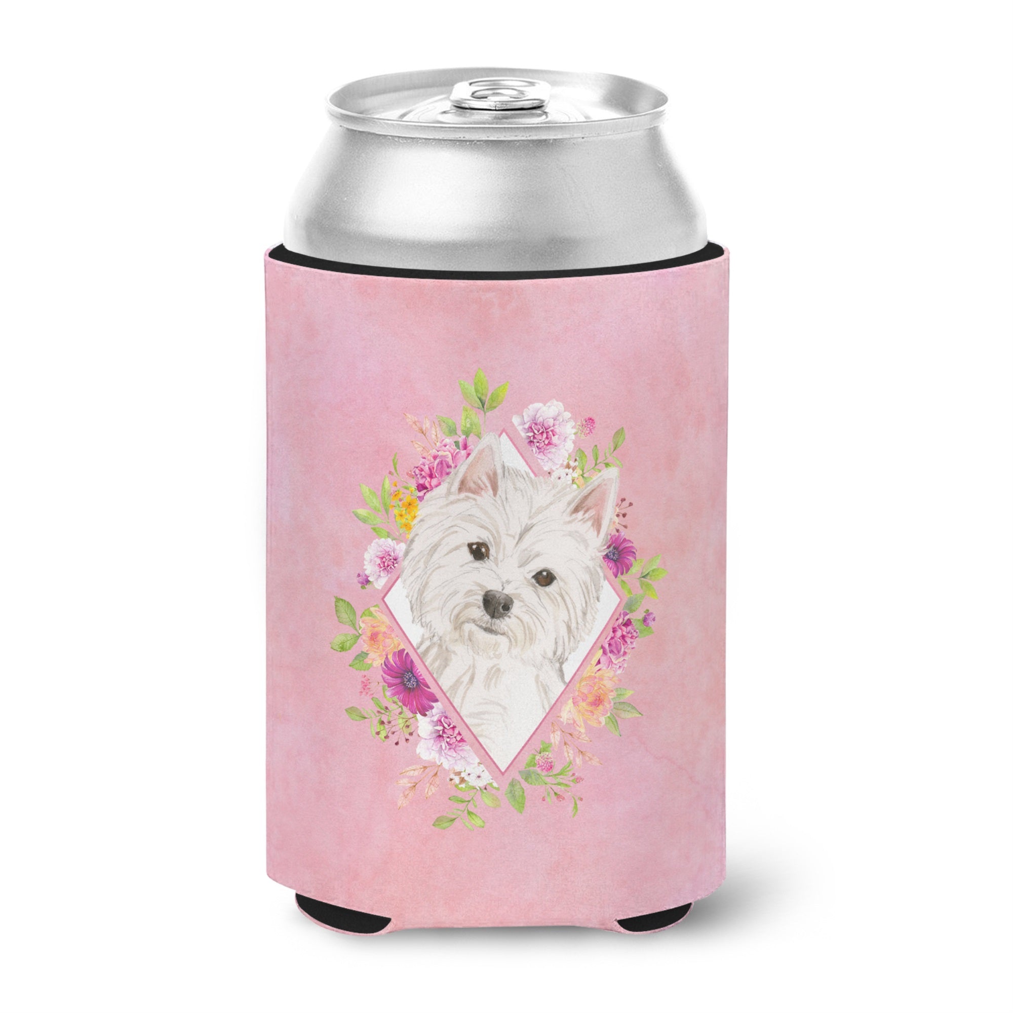 Westie  Pink Flowers Can Or Bottle Hugger