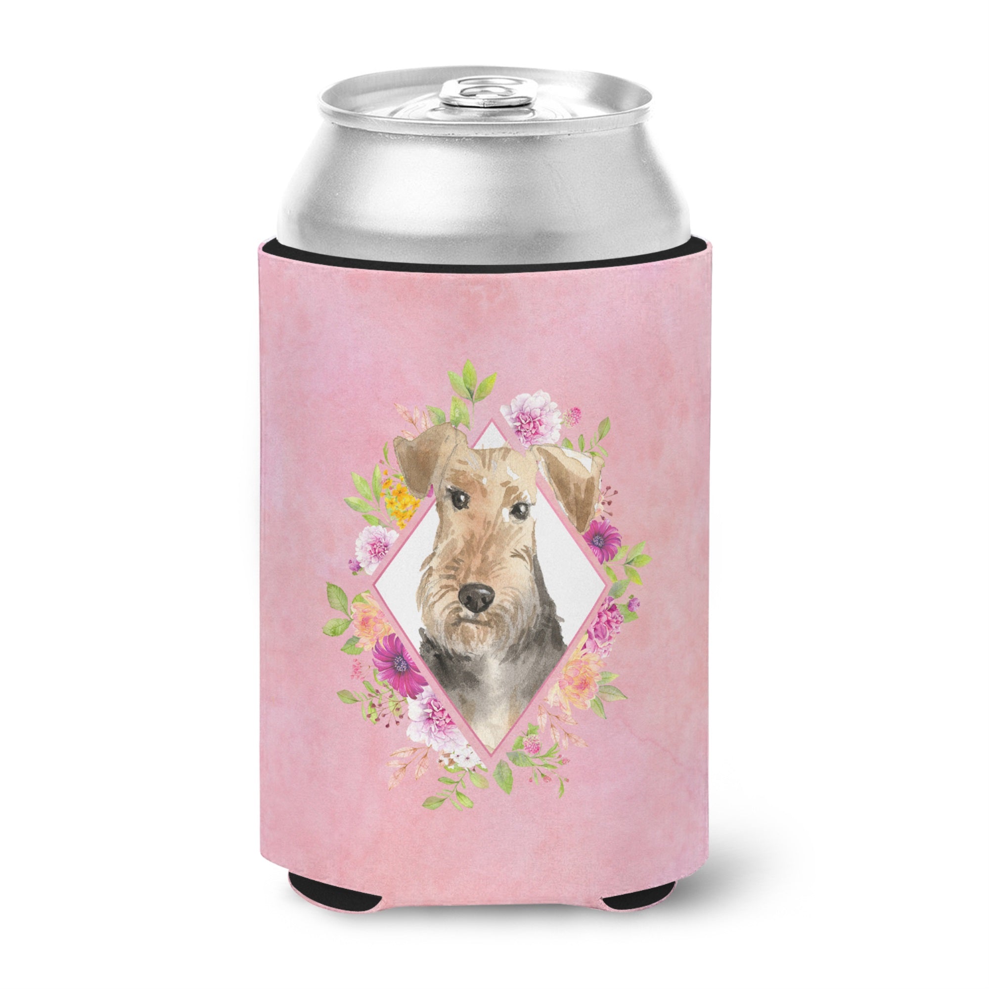 Airedale Terrier Pink Flowers Can Or Bottle Hugger