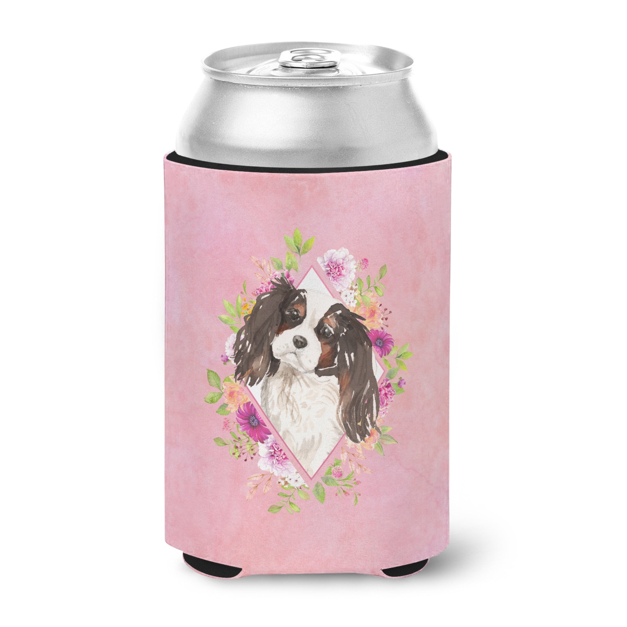 Tricolor Cavalier Spaniel Pink Flowers Can Or Bottle Hugger