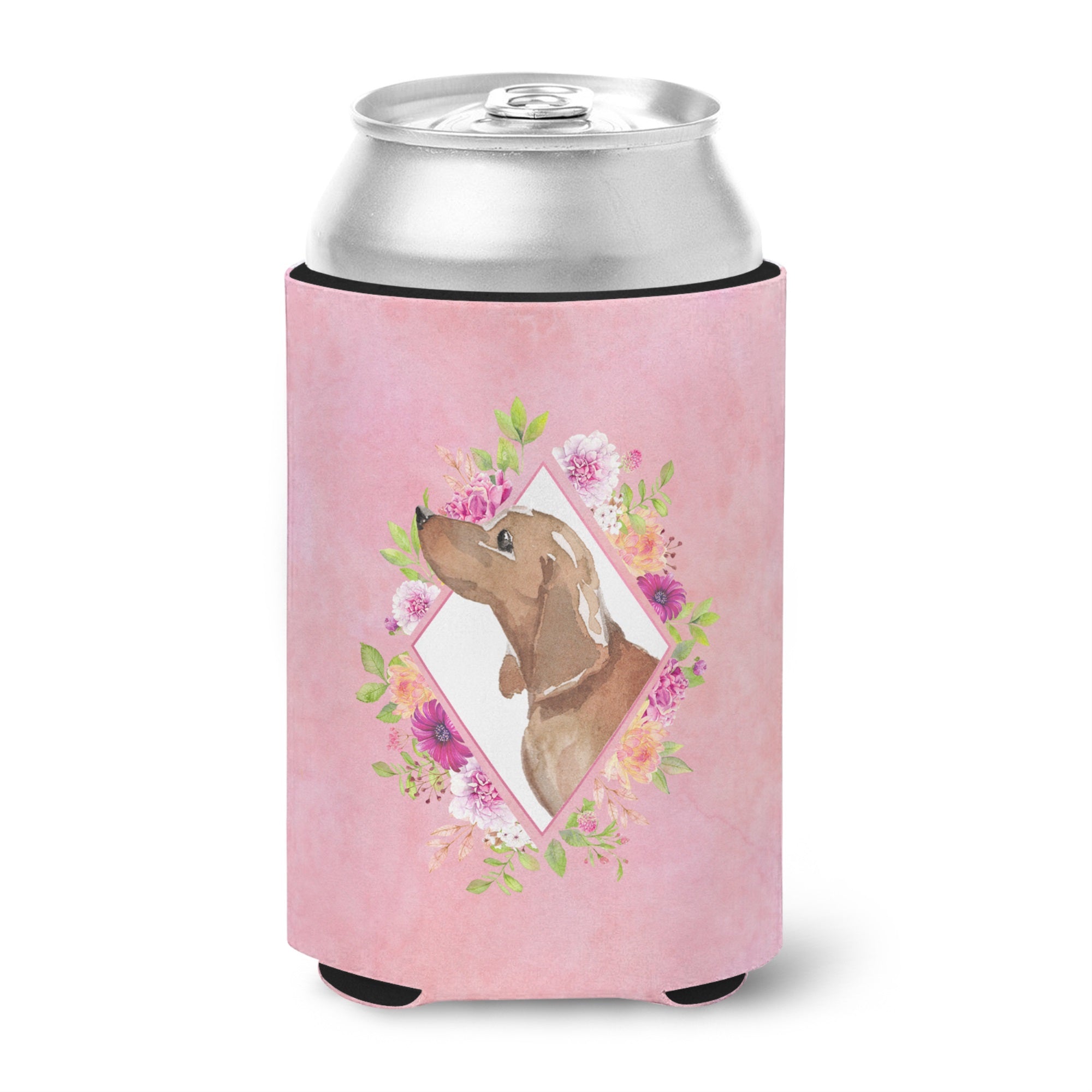 Dachshund Pink Flowers Can Or Bottle Hugger
