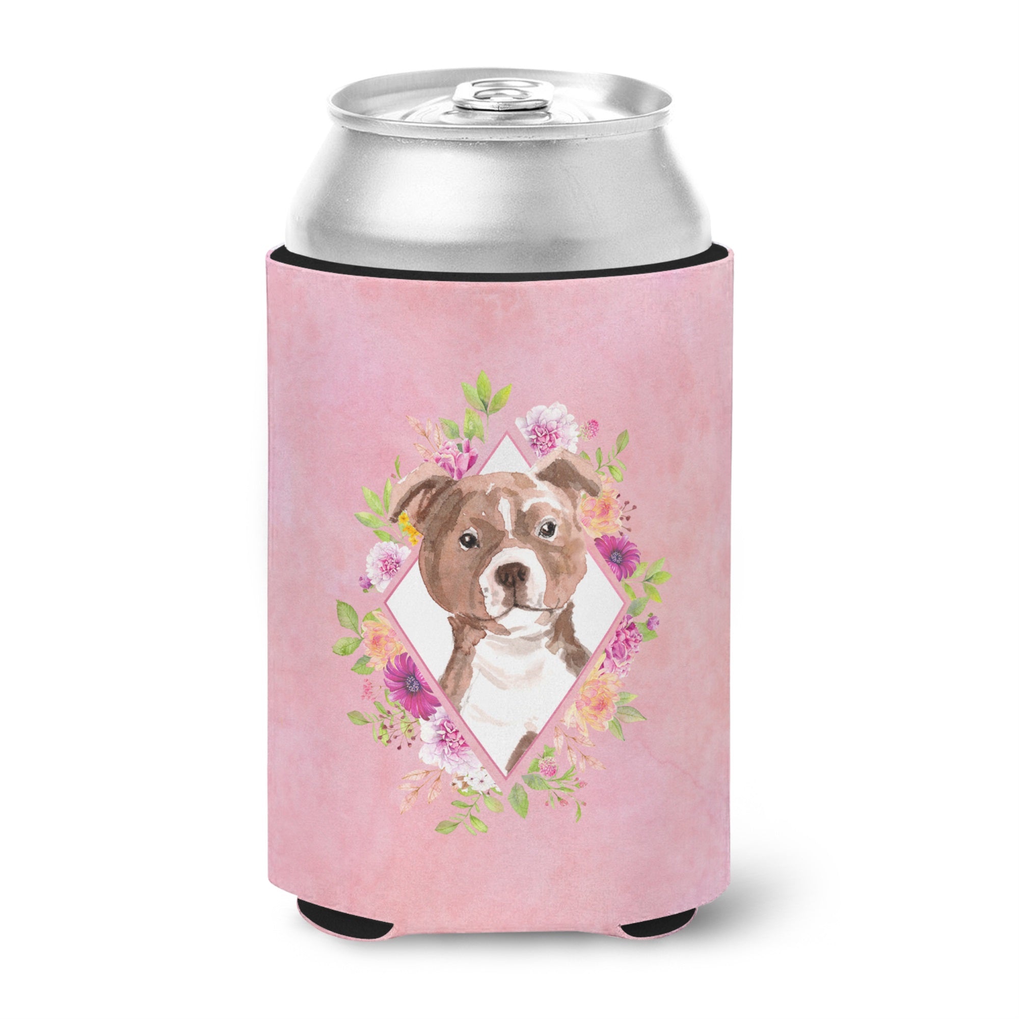 Staffie Bull Terrier Pink Flowers Can Or Bottle Hugger