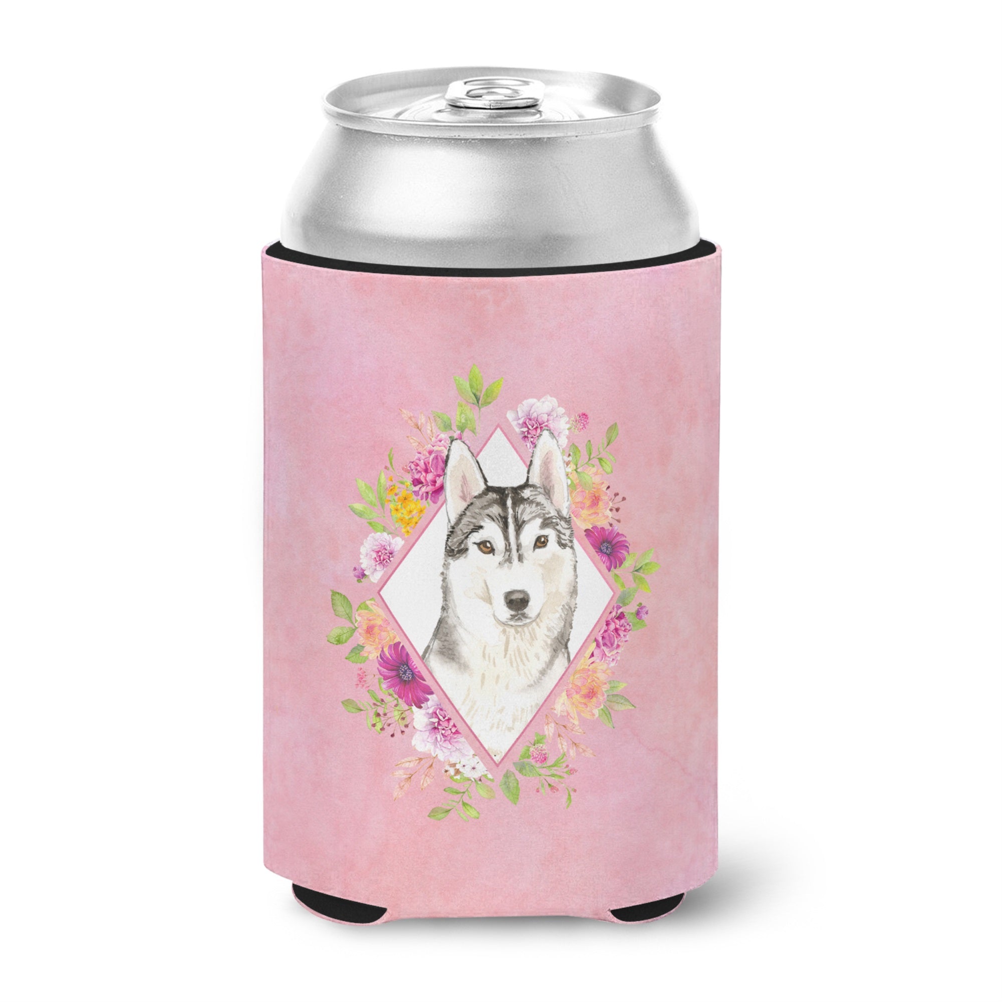 Siberian Husky Pink Flowers Can Or Bottle Hugger