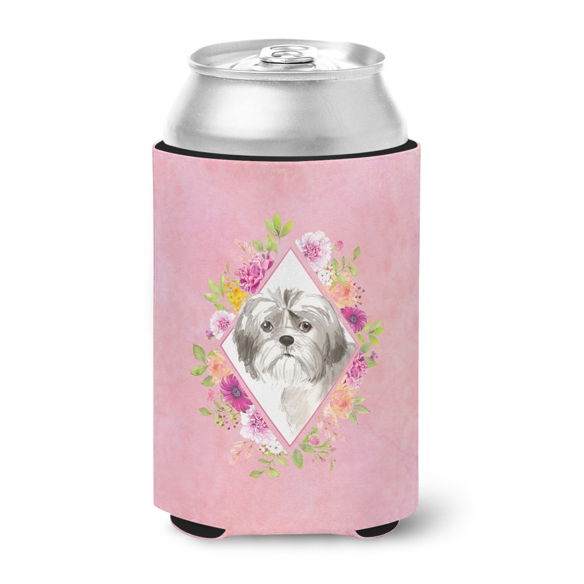 Shih Tzu Puppy Pink Flowers Can Or Bottle Hugger