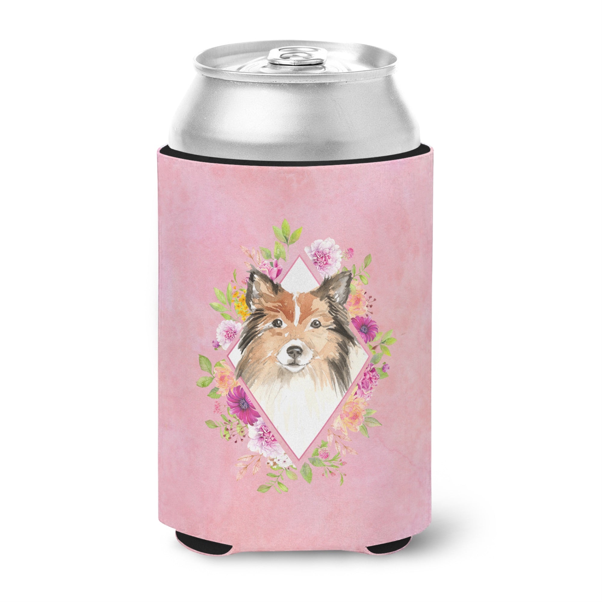 Sheltie Pink Flowers Can Or Bottle Hugger