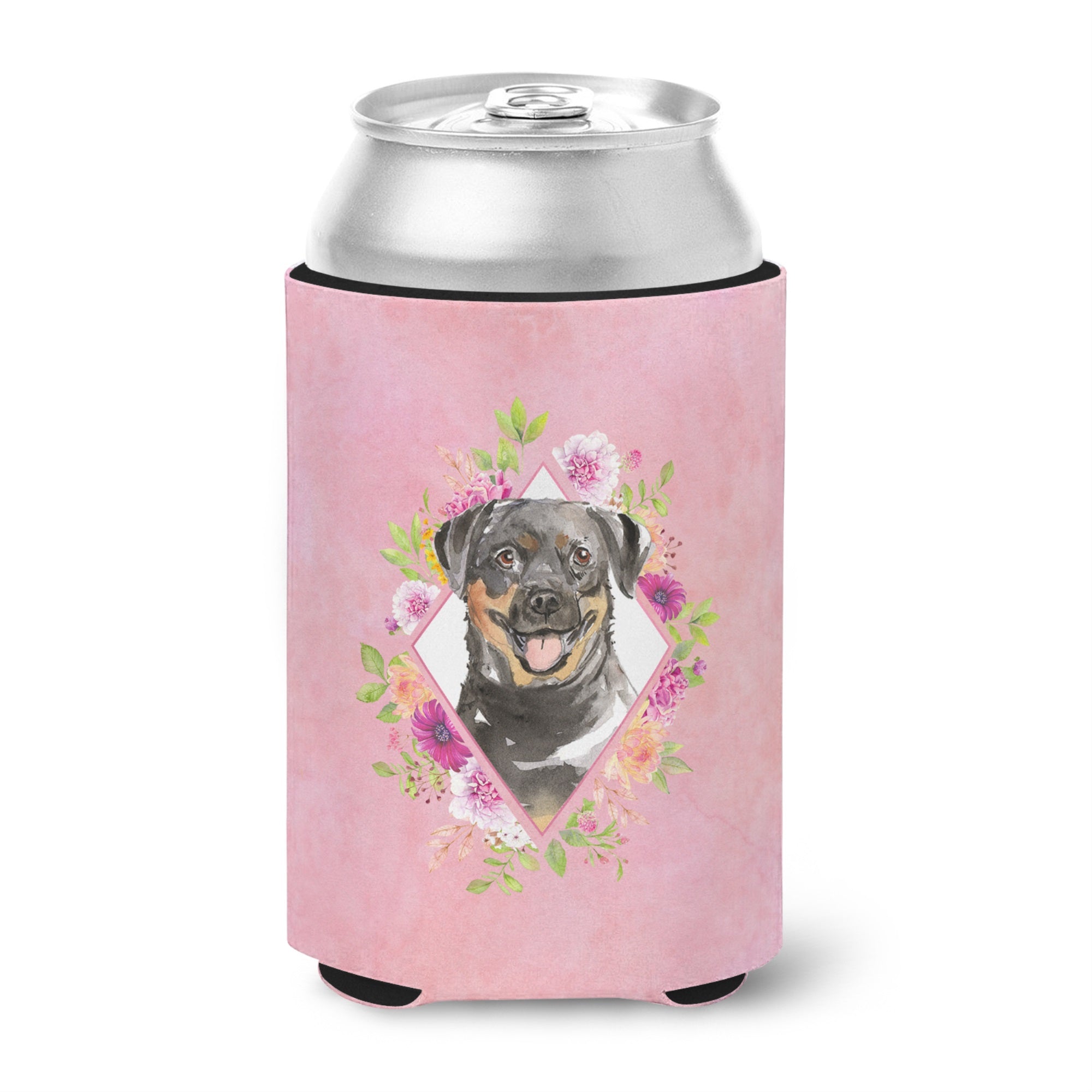 Rottweiler Pink Flowers Can Or Bottle Hugger