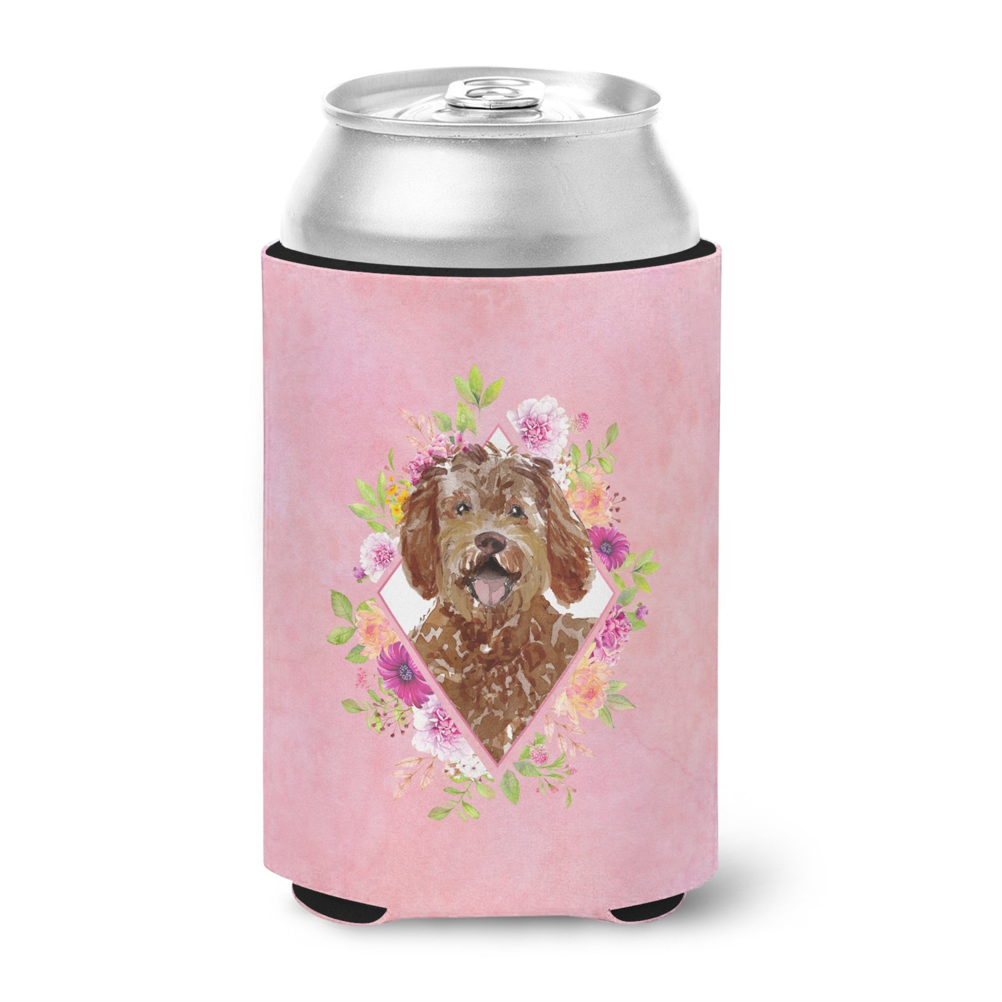 Labradoodle Pink Flowers Can Or Bottle Hugger