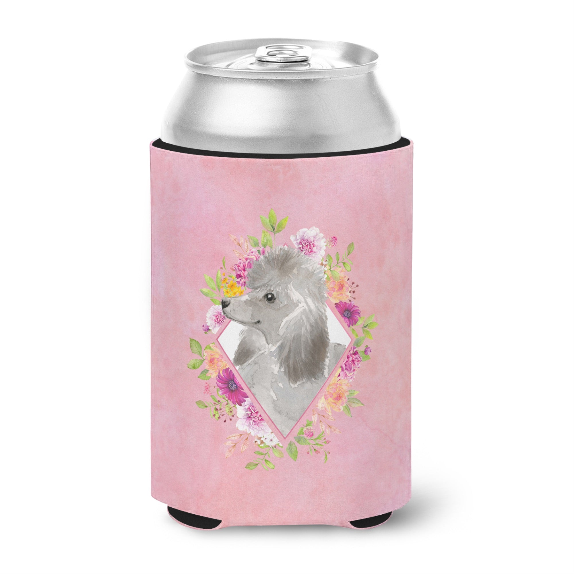 Grey Standard Poodle Pink Flowers Can Or Bottle Hugger