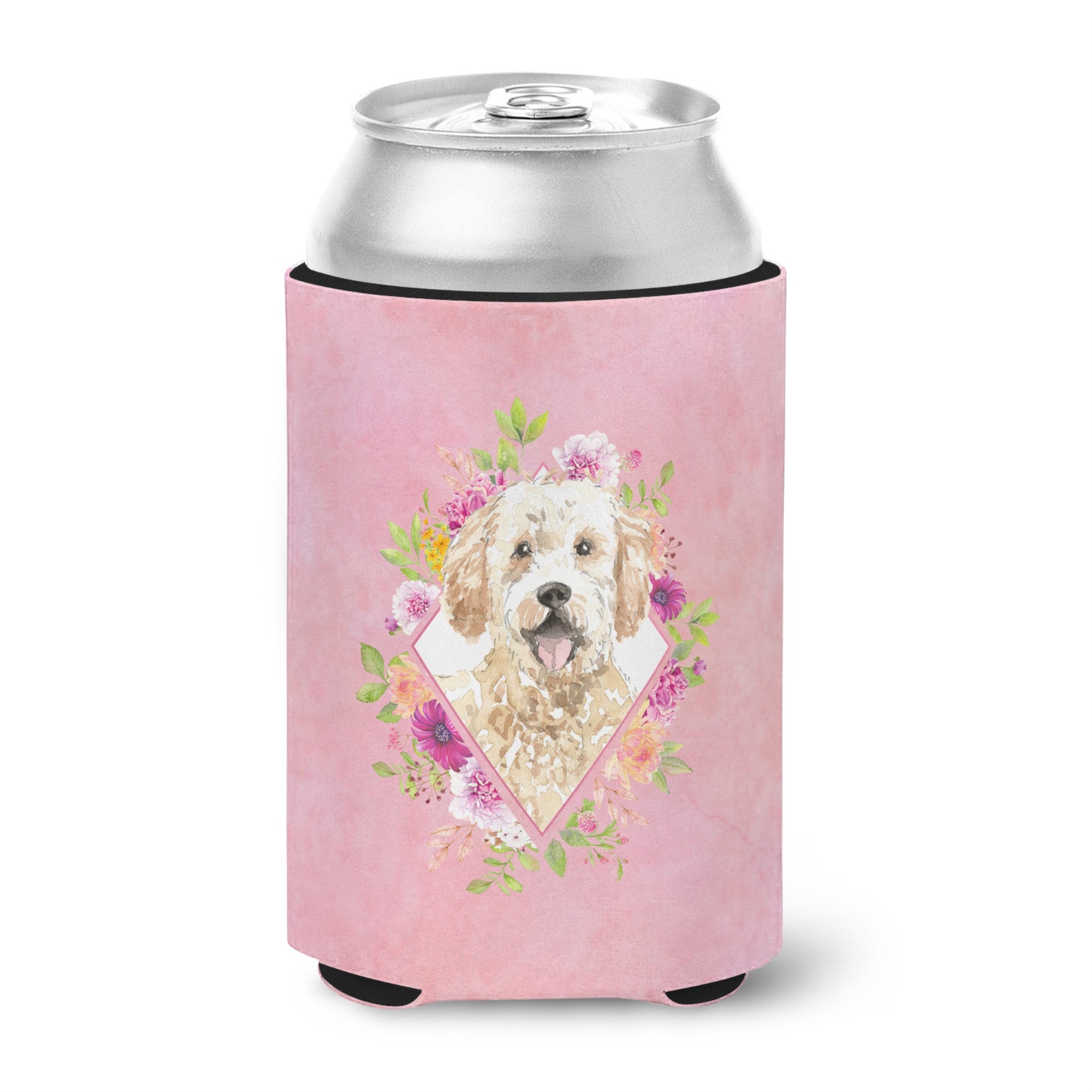 Goldendoodle Pink Flowers Can Or Bottle Hugger