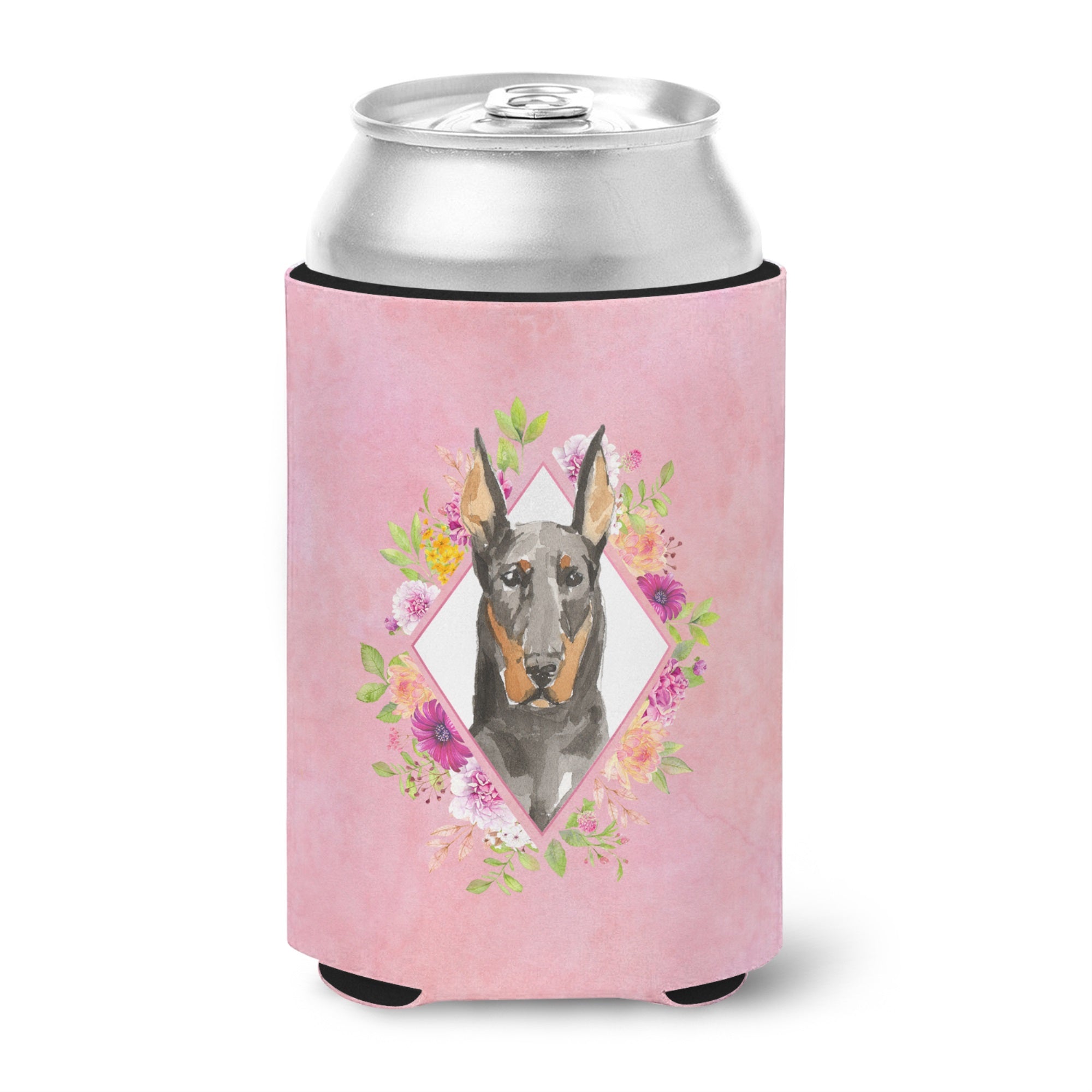 Doberman Pinsher Pink Flowers Can Or Bottle Hugger