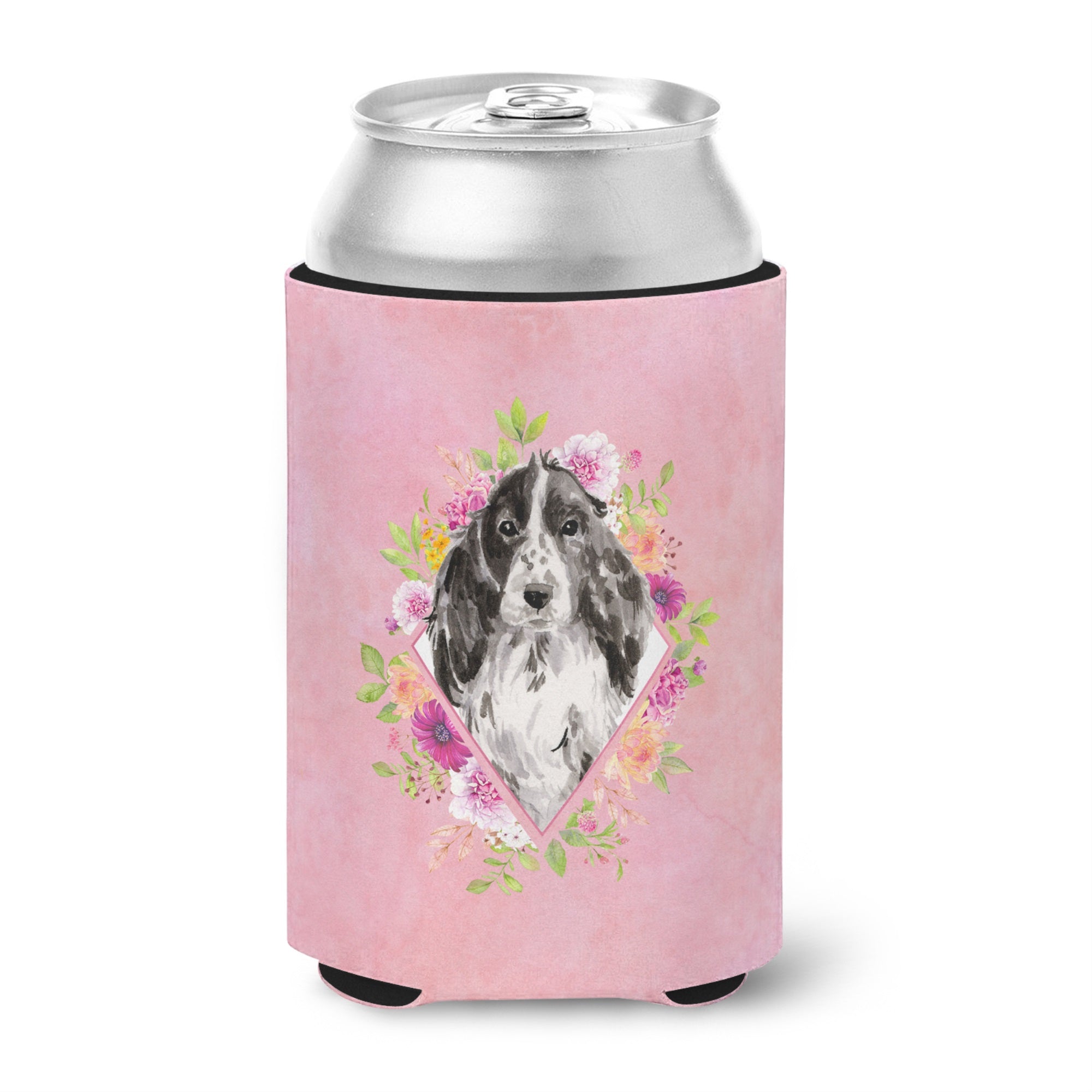 Black Parti Cocker Spaniel Pink Flowers Can Or Bottle Hugger