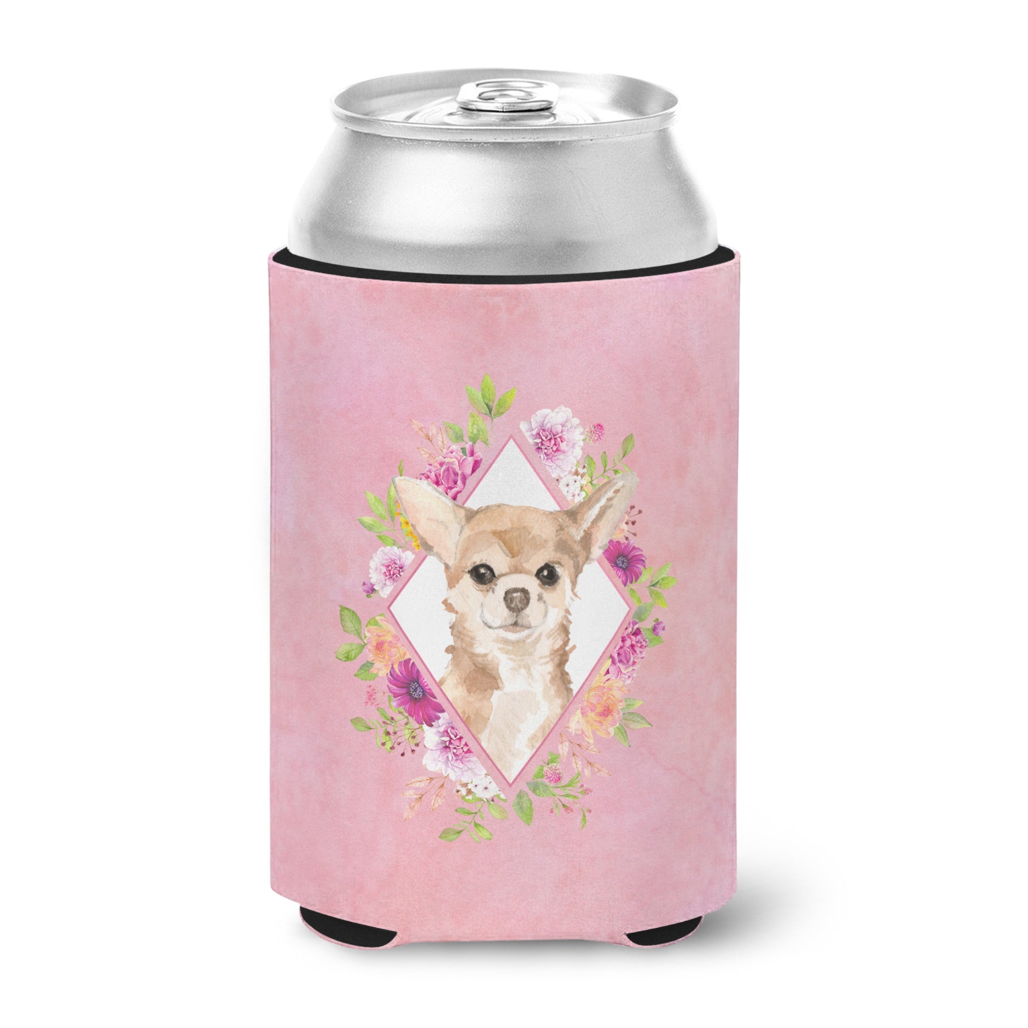 Chihuahua Pink Flowers Can Or Bottle Hugger