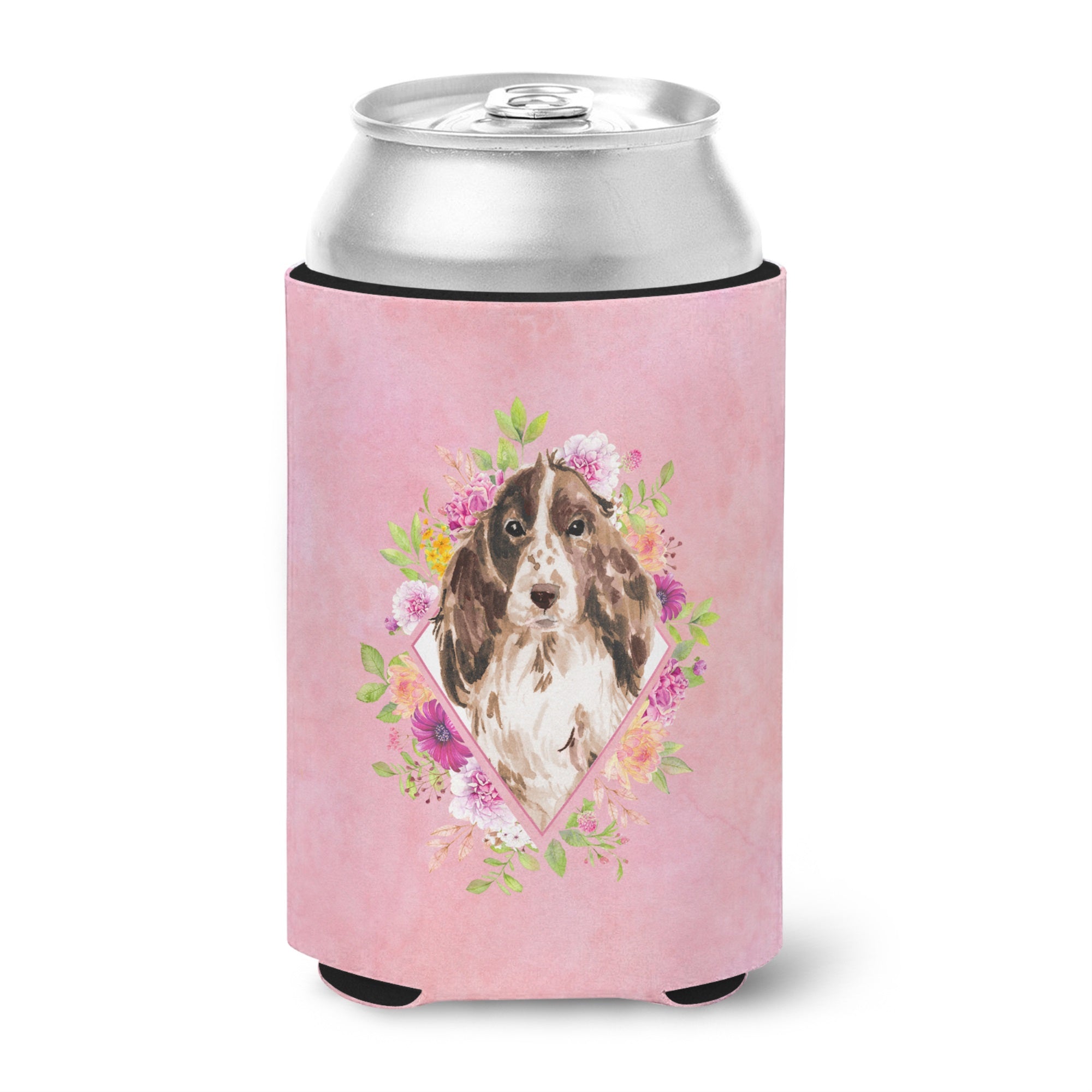 Brown Parti Cocker Spaniel Pink Flowers Can Or Bottle Hugger