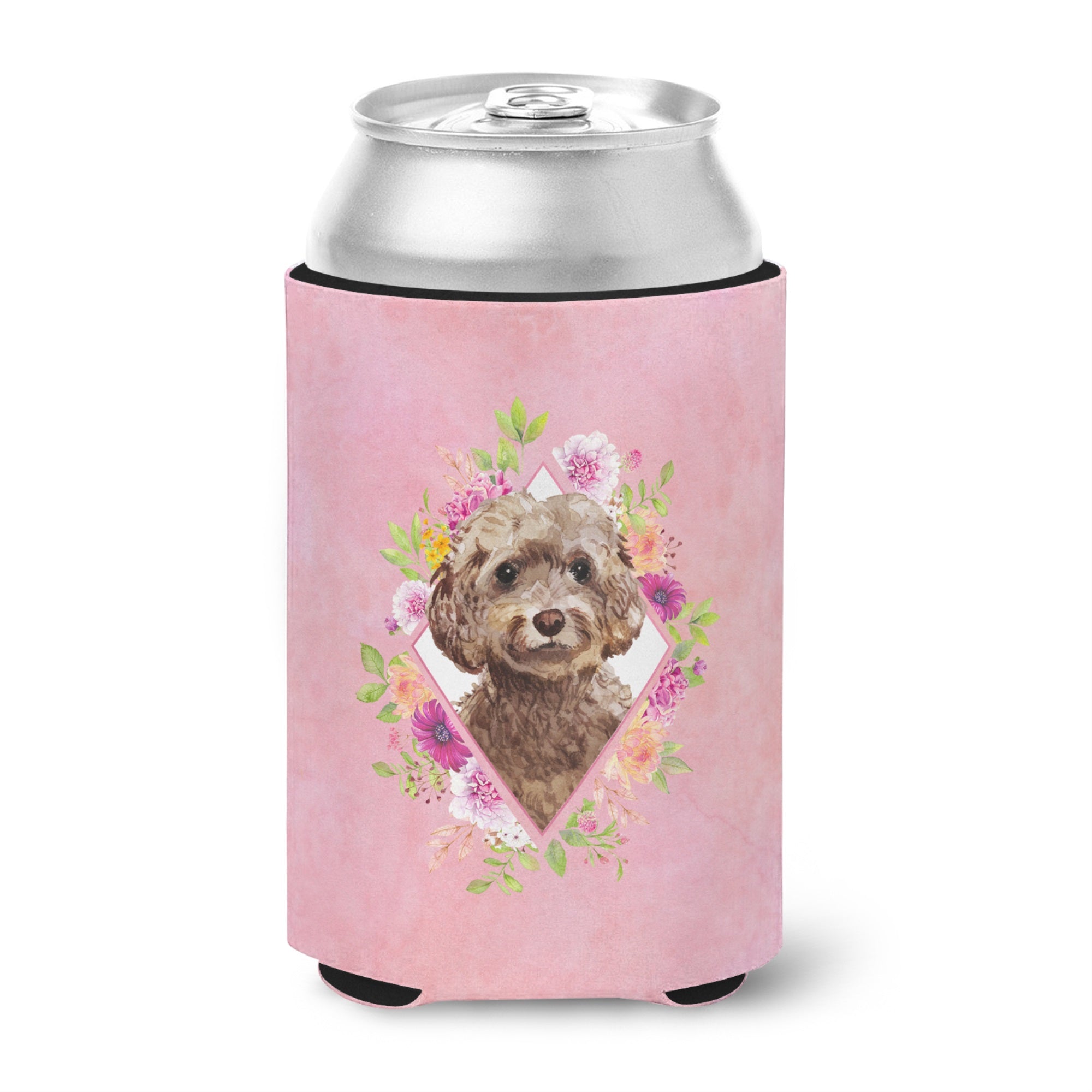 Chocolate Cockapoo Pink Flowers Can Or Bottle Hugger