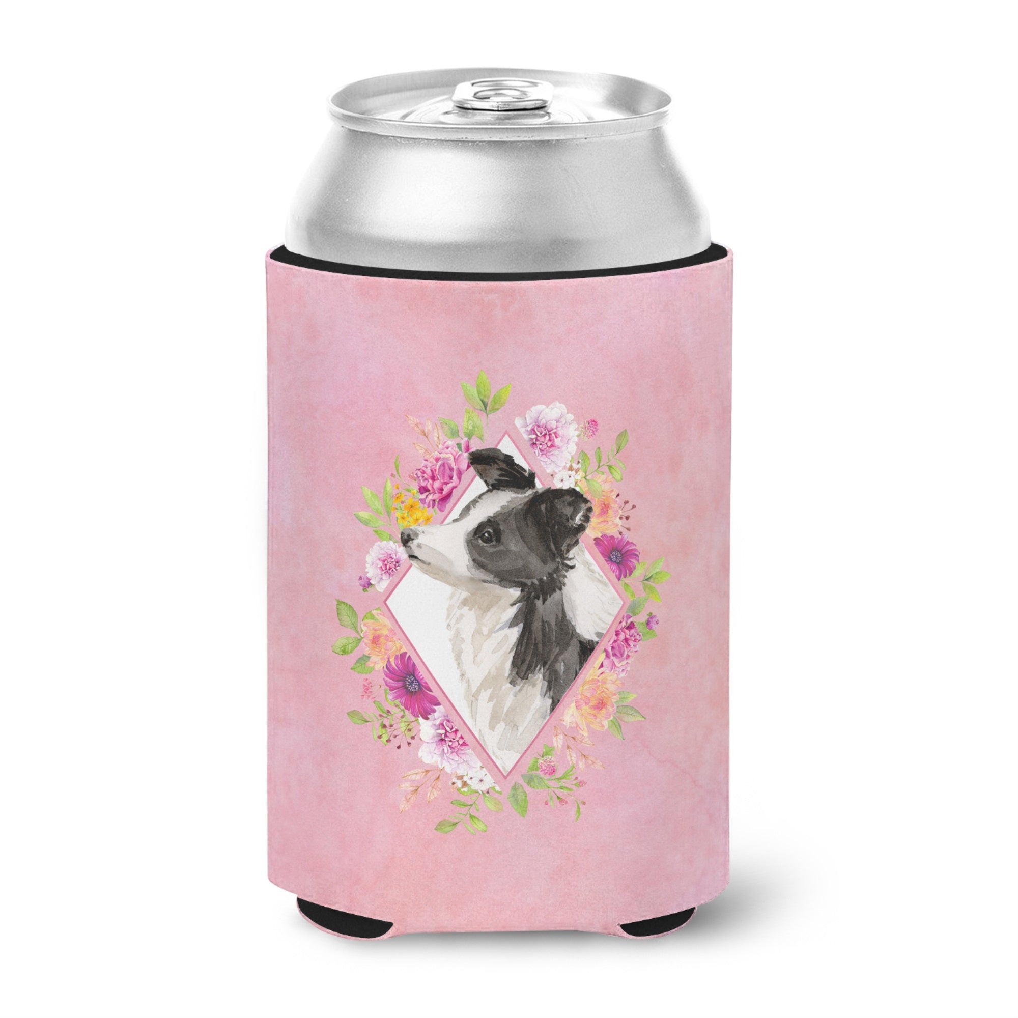 Border Collie Pink Flowers Can Or Bottle Hugger