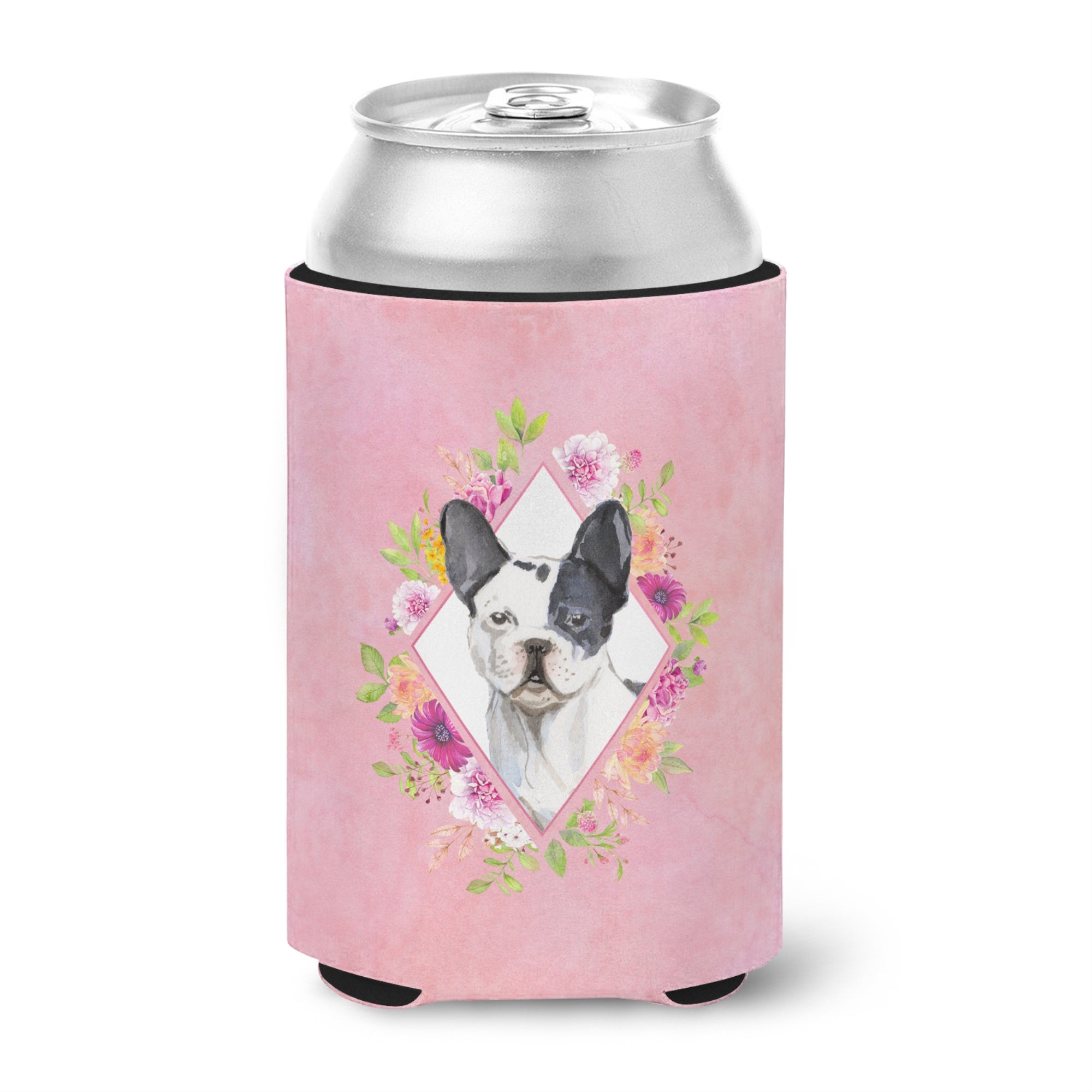 Black And White Frenchie Pink Flowers Can Or Bottle Hugger