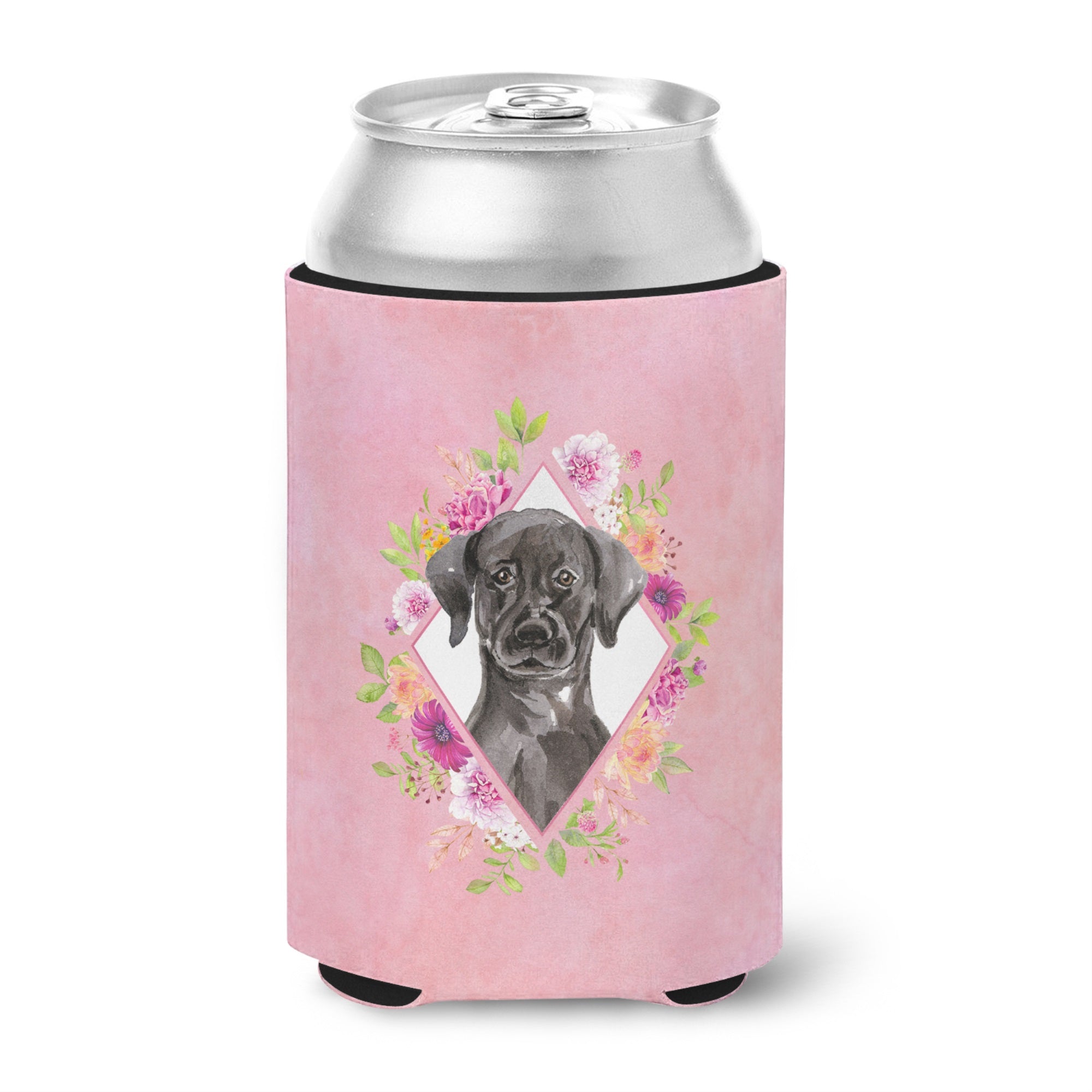 Black Labrador Pink Flowers Can Or Bottle Hugger